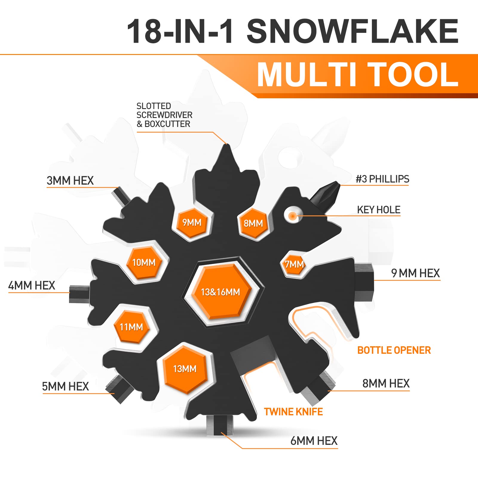 18-in-1 Snowflake Multitool for Men - Premium Stainless Steel Survival Tool Kit - Perfect Christmas Gift for Dad, Husband & Men Who Have Everything - Great for Camping, Hiking, Emergency & Everyday Carry (EDC)