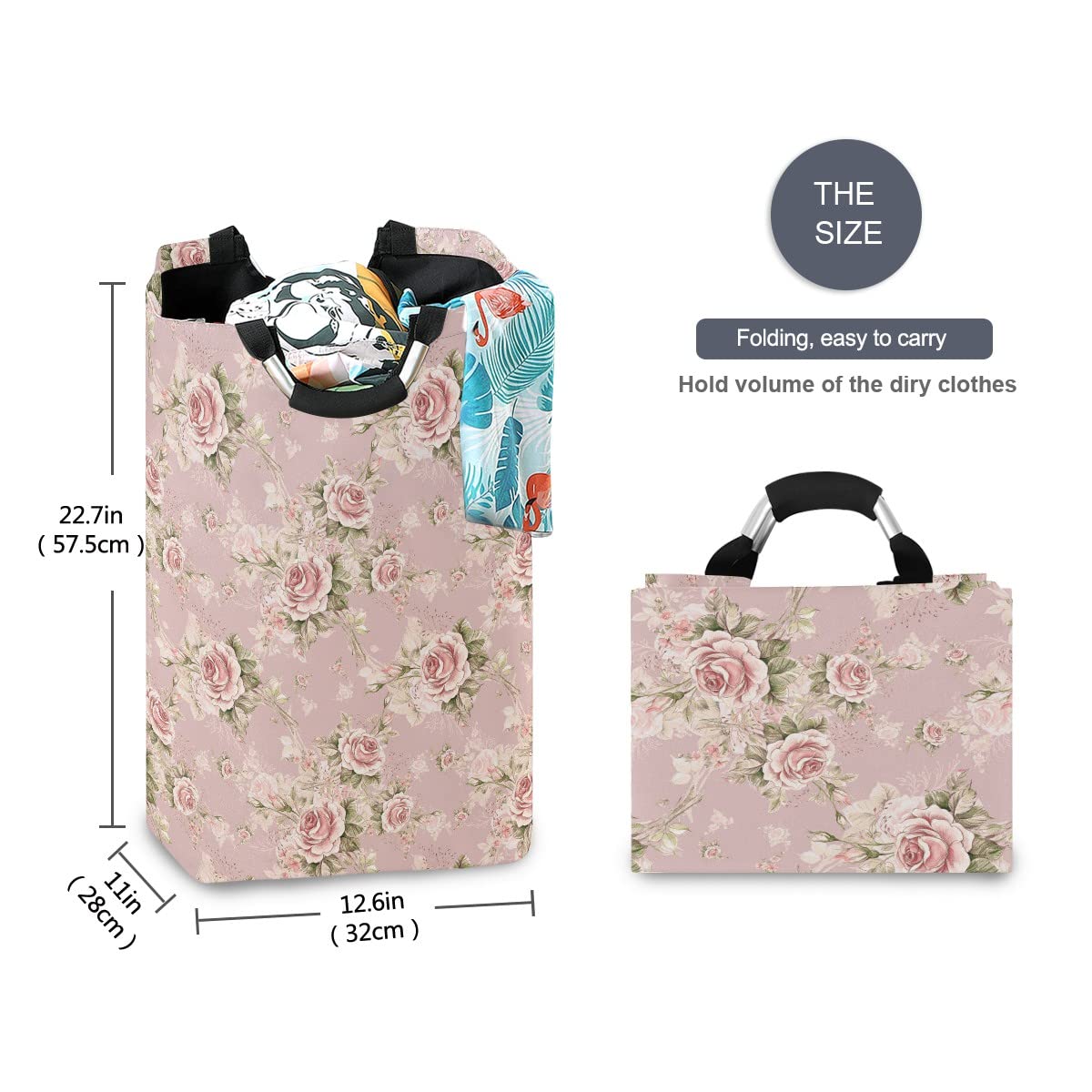 MNSRUU Foldable Laundry Bag with Handles - Pink Rose Flower Collapsible Laundry Basket Hamper for Home, Dorm & Travel - Perfect for Laundry Room Decor, Bathroom Organization & Storage