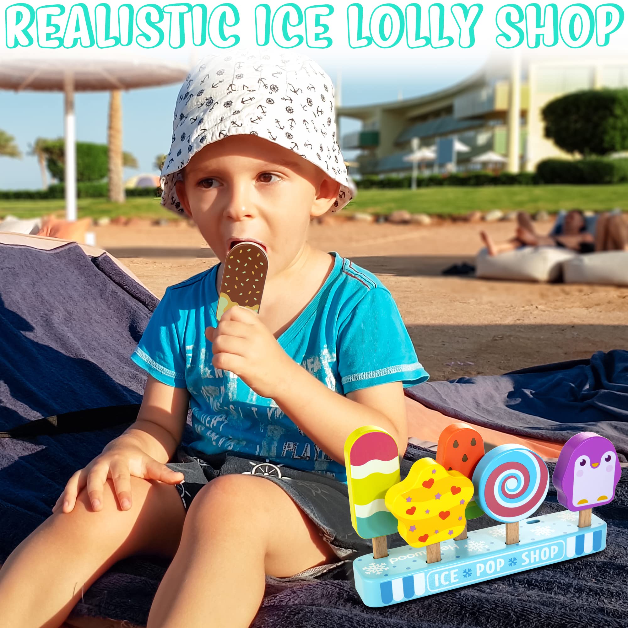 Wooden Ice Cream Pretend Play Set for Kids - 7 Piece Realistic Popsicle Toy Food, Montessori Learning Toys for Toddlers Ages 2-4 - Perfect for Summer Role Play & Preschool Classroom Activities