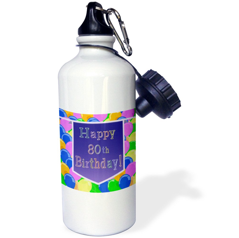 3dRose Happy 80th Birthday Sports Water Bottle - 21oz Purple Balloon Design, BPA-Free, Leak-Proof - Perfect for Birthday Gifts, Gym & Outdoor Activities