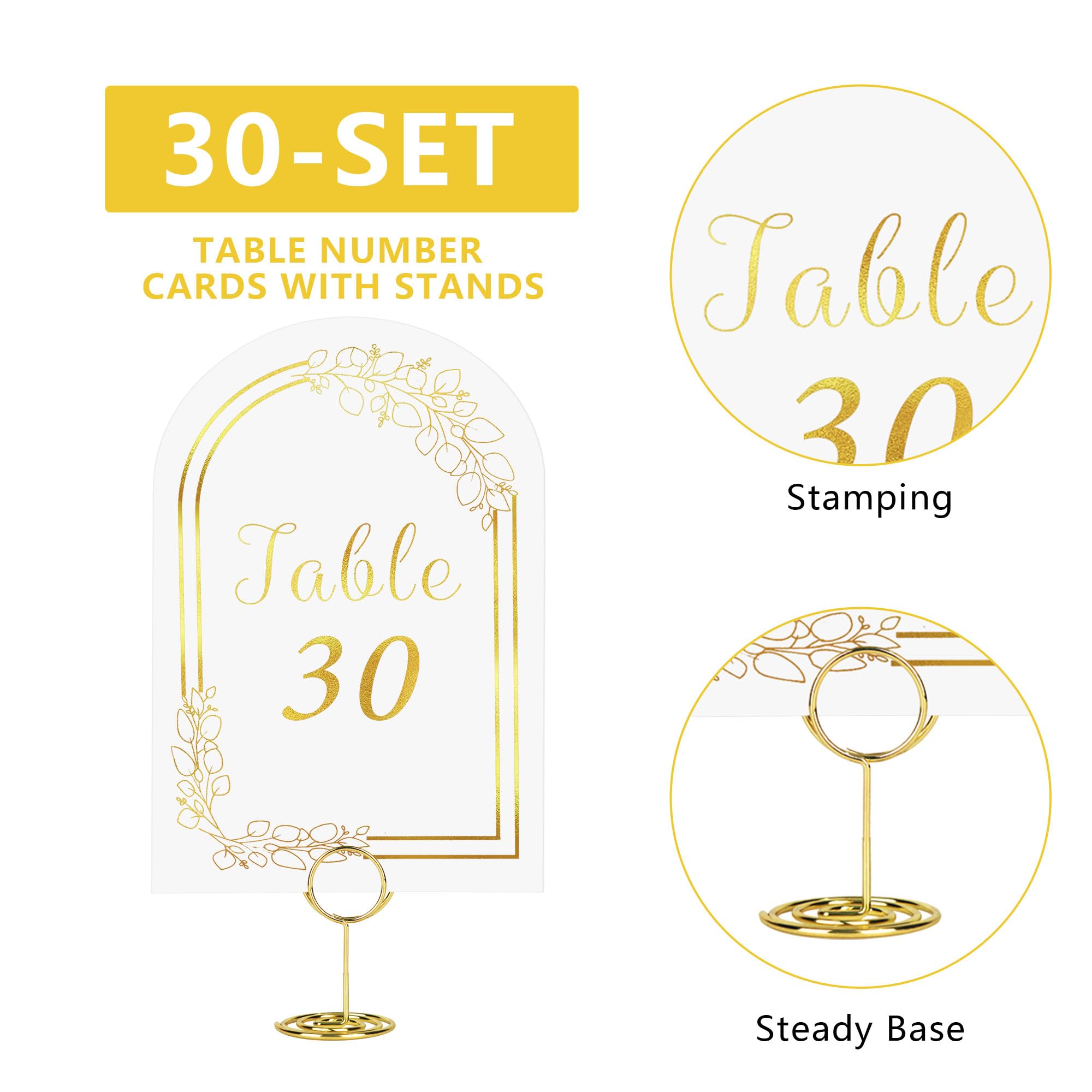 JOYIT 30 Sets Wedding Table Numbers 1-30 with Round Holders - White Gold Place Cards for Wedding Reception, Birthday Party - Elegant 4