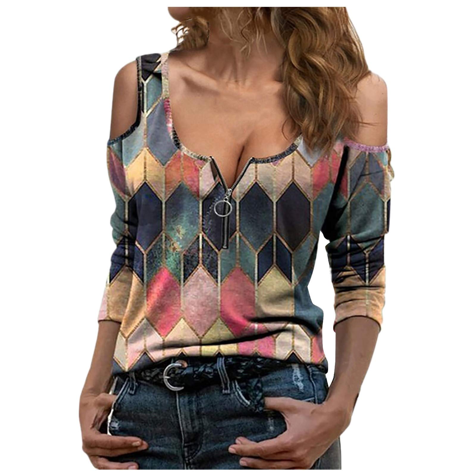 Women's Casual Zipper Printed Pullover T-Shirt - Short Sleeve Summer Blouse for Everyday Wear, Outings & Office Outfits | AODONG