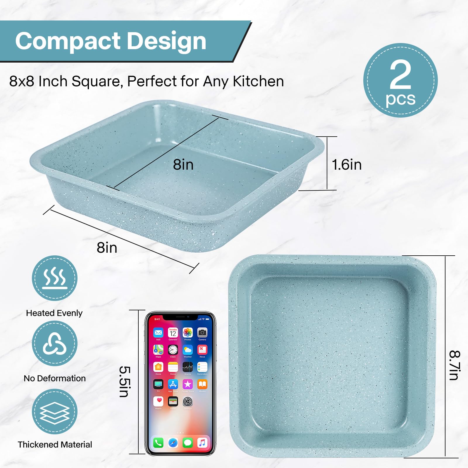 2-Pack 8 Inch Square Baking Pan Set - Nonstick 8x8 Cake Pan for Brownies, Lasagna & Sheet Cakes - Even Heat Distribution, Easy Clean & Durable - Perfect for Home Baking, Parties & Holiday Cooking (Light Blue)