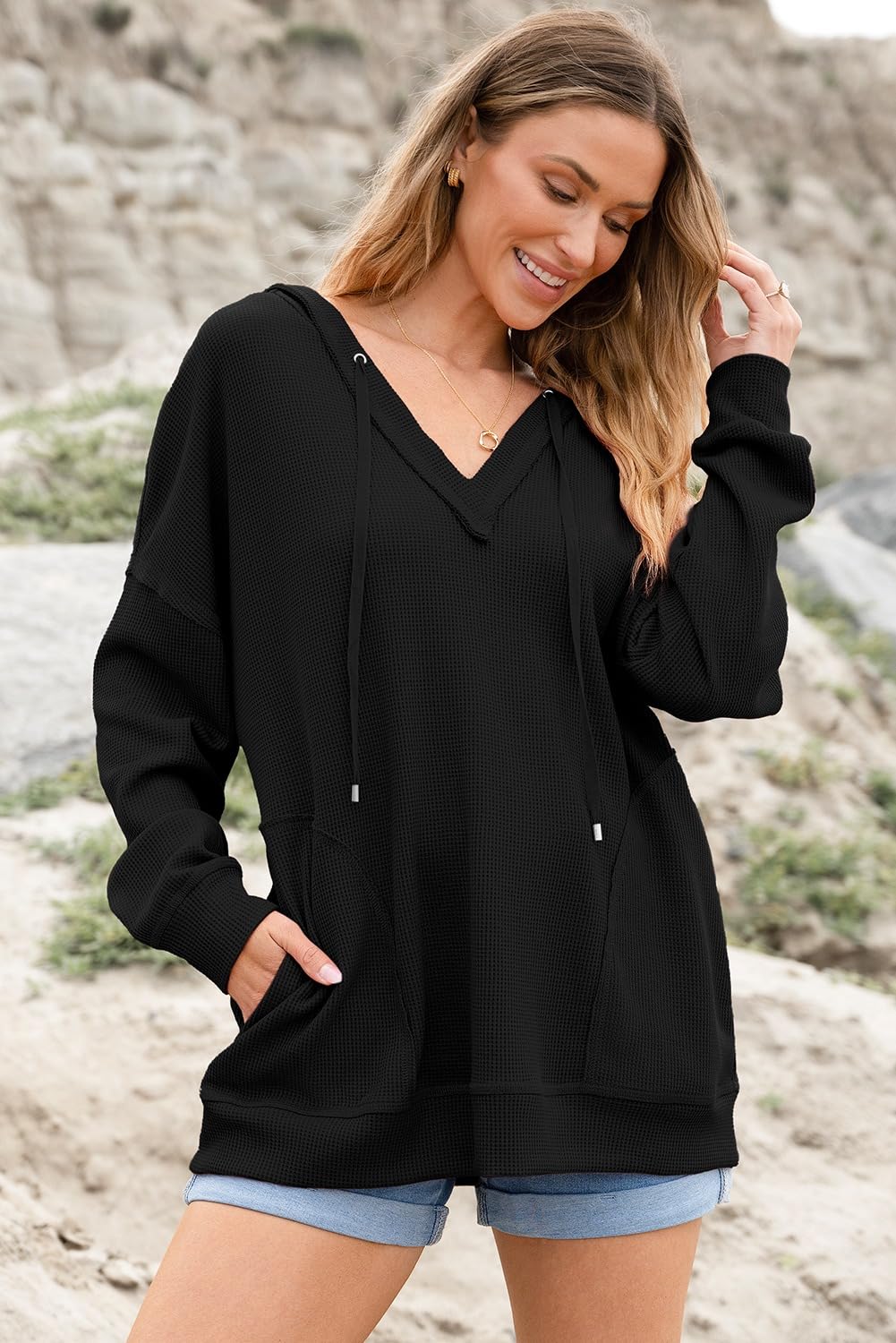 AlvaQ Women's Oversized V-Neck Hoodie - Long Sleeve Casual Waffle Knit Sweatshirt with Drawstring | Perfect for Loungewear, Street Fashion & Fall Outfits