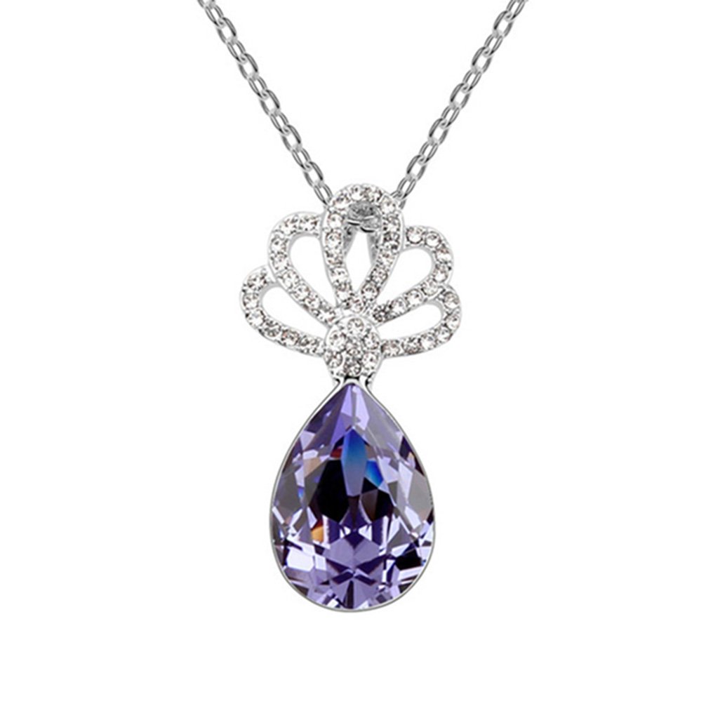 White Gold Plated Teardrop Amethyst Purple Swarovski Crystal Lotus Flower Pendant Necklace – Perfect for Weddings, Parties, and Everyday Elegance