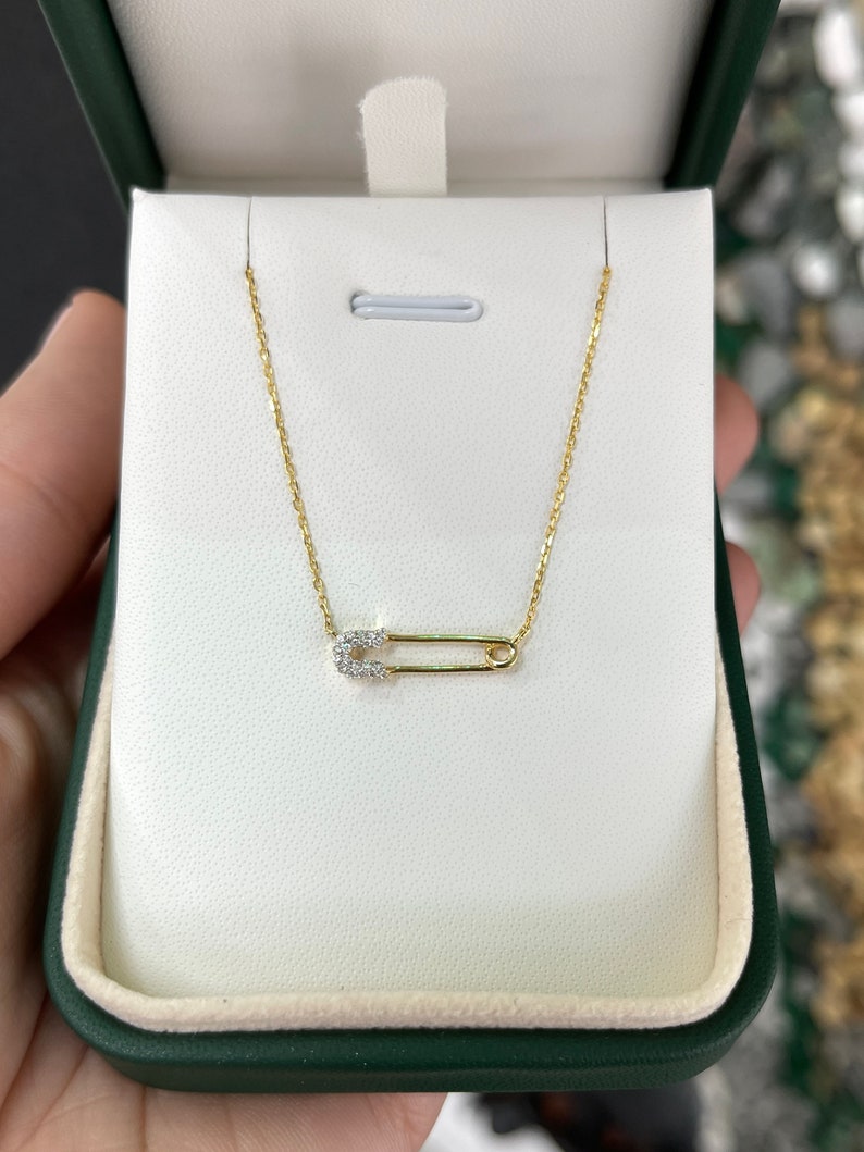 14K Gold Natural Diamond Safety Pin Necklace for Women - Elegant Layering Jewelry Gift for Birthday, Anniversary & Everyday Wear