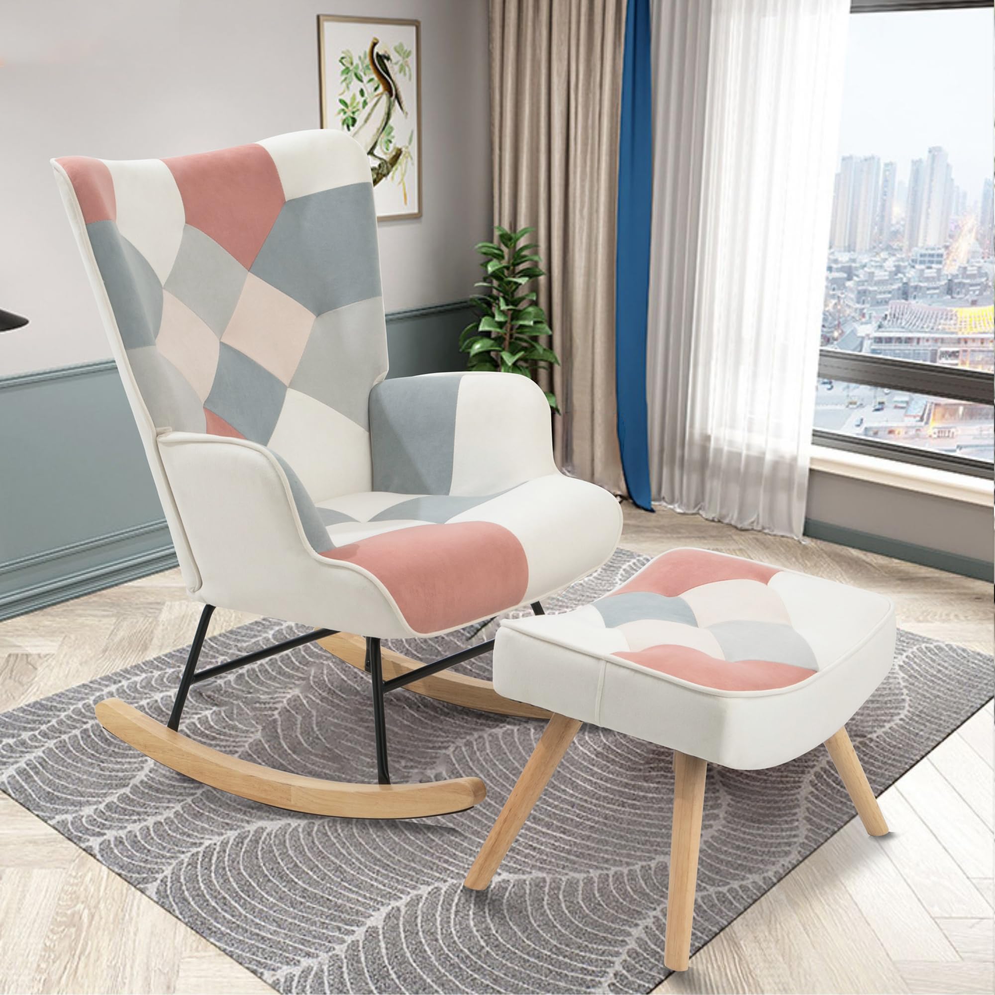 Patchwork Pink Upholstered Rocking Chair with Ottoman - High Backrest Glider Accent Chair for Nursery, Living Room & Bedroom - Comfy Small Side Armchair for Relaxing, Nursing & Reading