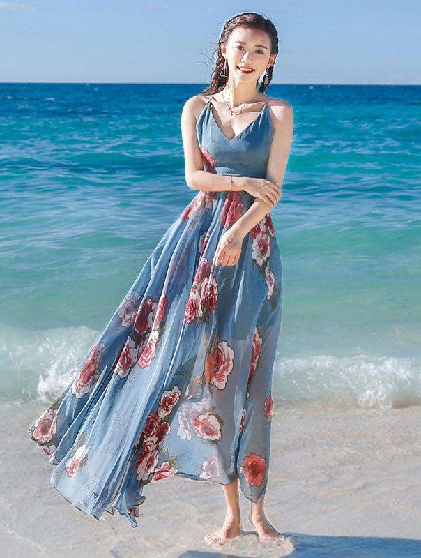 Floral Print Blue Maxi Beach Dress with Tie Back - Women's Summer Boho Dress for Vacation, Poolside, and Beach Getaways