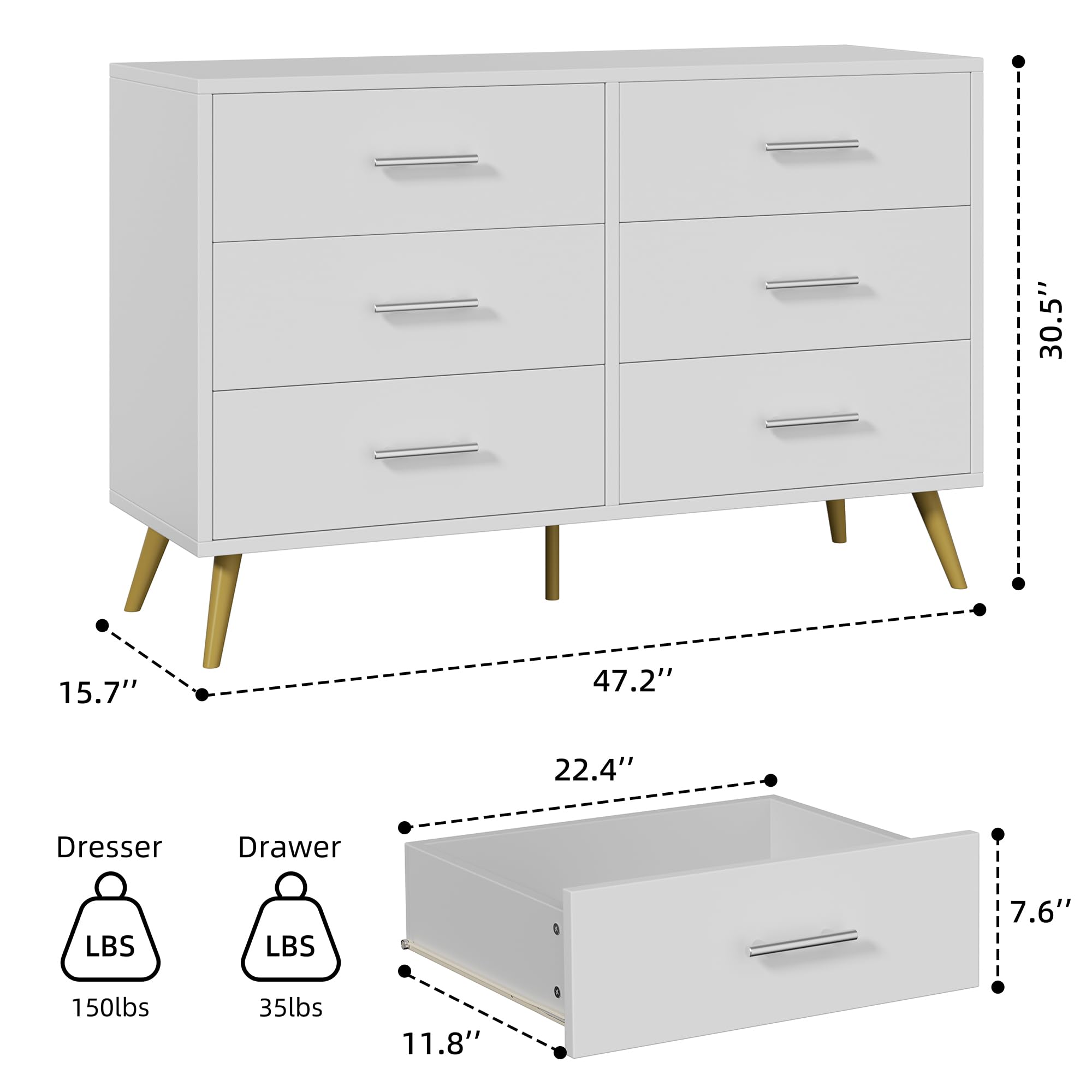 Shintenchi 6-Drawer White & Gold Dresser - Modern Wooden Chest of Drawers for Bedroom, Living Room & Entryway | TV Stand & Storage Organizer for Home Decor & Organization
