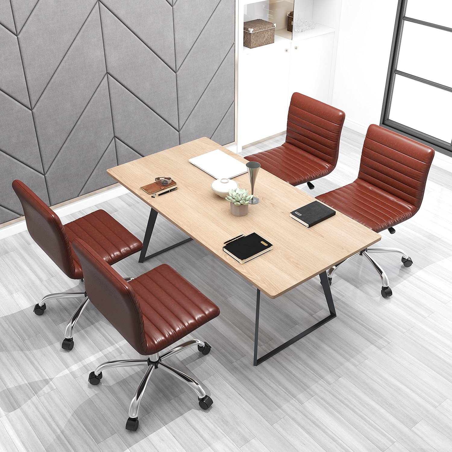 Ergonomic Armless Leather Swivel Office Chair - Mid Back Ribbed Task Chair for Home & Office - Adjustable White Desk Chair for Adults & Kids - Perfect for Workstations, Vanity Desks & Study Areas (Brown)