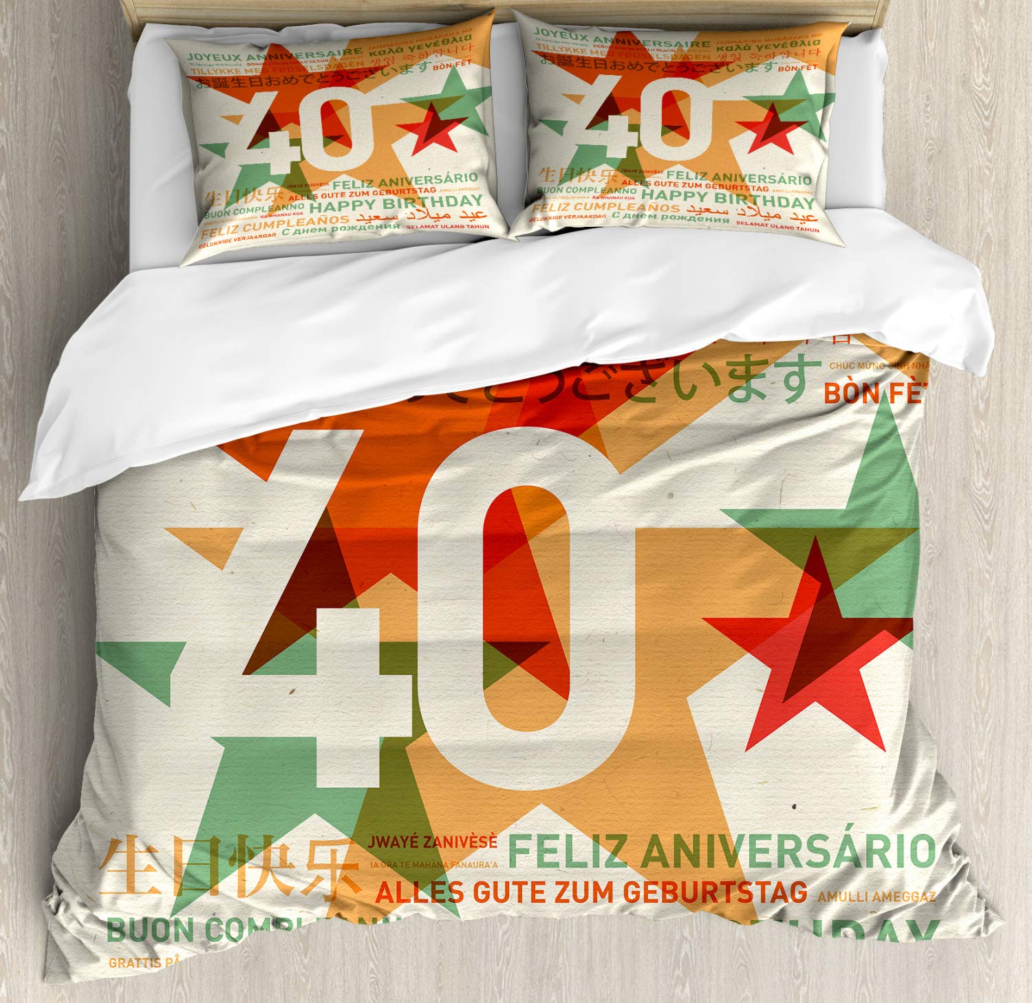 Ambesonne 40th Birthday Duvet Cover Set - Multicolor Retro Style 3-Piece Bedding with 2 Pillow Shams (California King) - World Birthday Wishes in Different Languages - Perfect for Birthday Decorations & Guest Room Styling