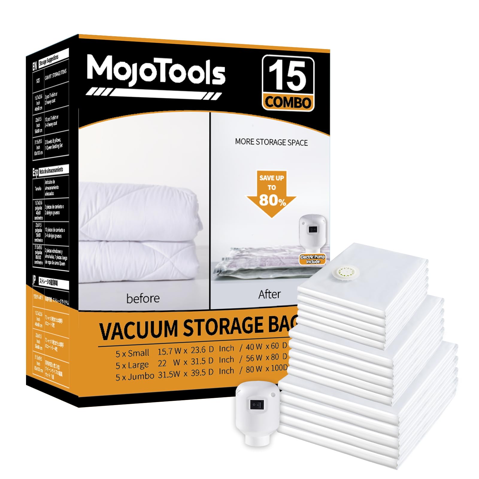 15-Pack Vacuum Storage Bags with Electric Air Pump (5 Jumbo, 5 Large, 5 Medium) - Space Saving Compression Bags for Clothes, Blankets, Duvets, Pillows & Comforters | Perfect for Travel, Seasonal Storage & Home Organization