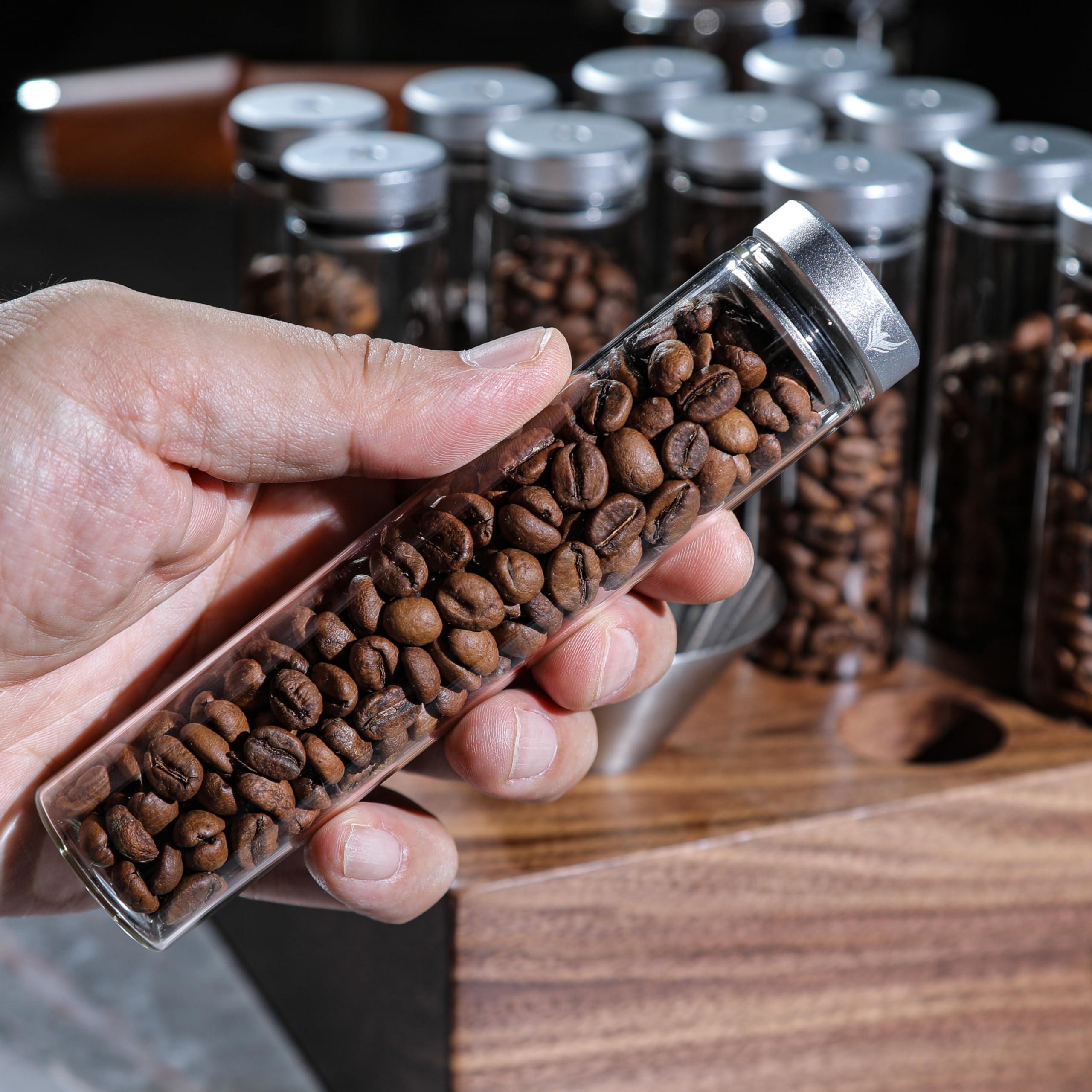 12-Pack Single Dose Coffee Bean Storage Tubes - Glass Espresso Dosing Vials with One-Way Valve Lids, Walnut Stand & Stainless Steel Funnel - Perfect for Fresh Coffee Bean Storage & Barista Organization at Home or Café