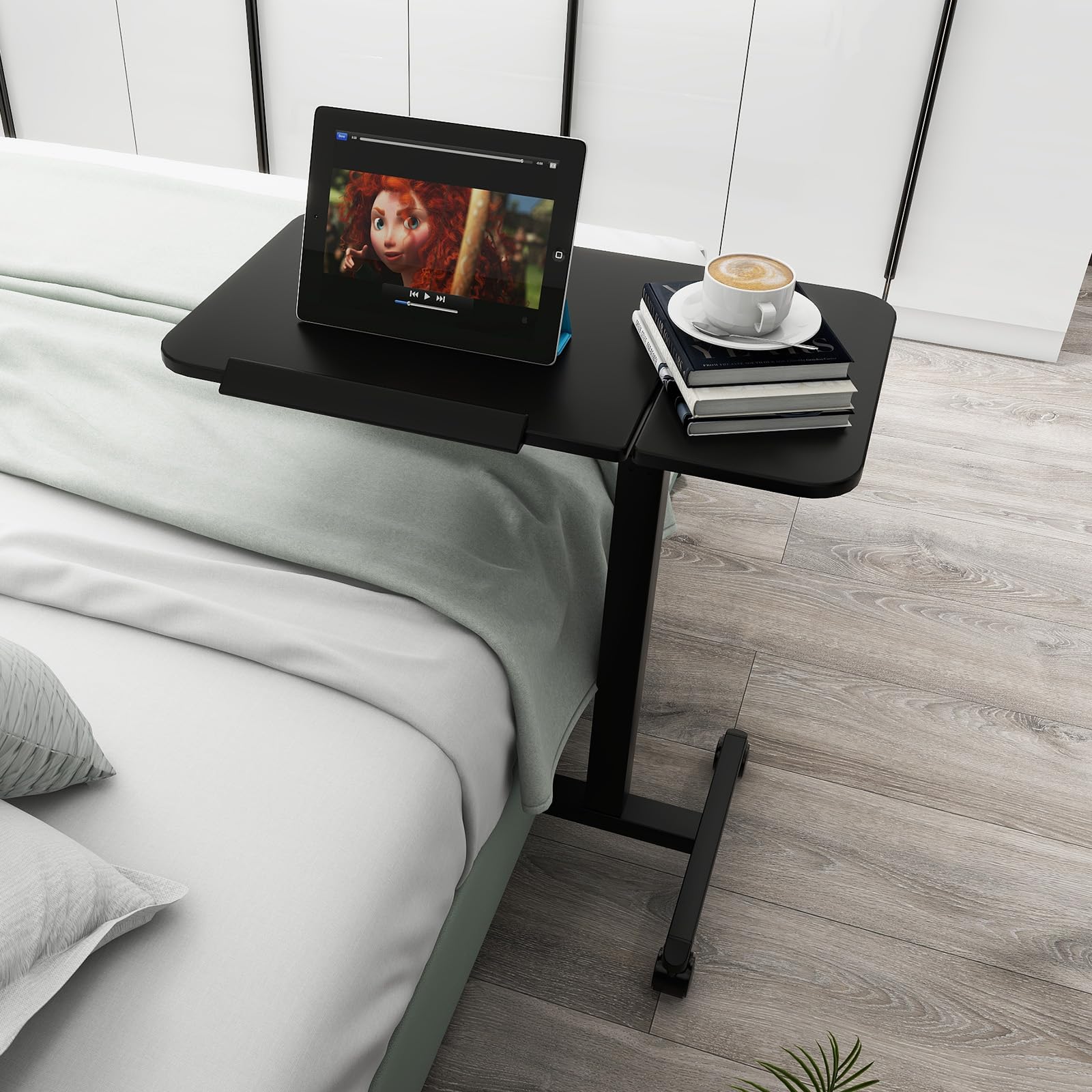 Adjustable Overbed Table with Wheels - Portable Rolling Laptop Desk for Bed, Sofa & Hospital Use - Mobile Computer Cart & Side Table for Home, Office & Patient Care