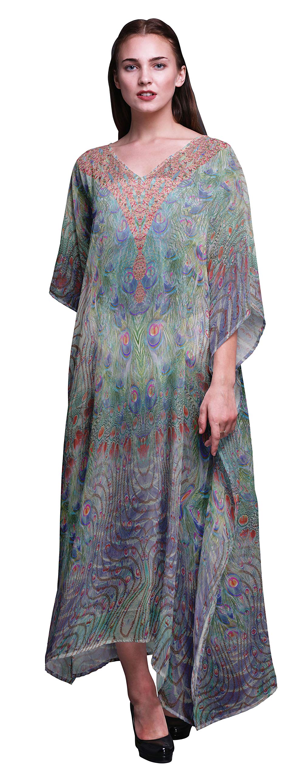 Peacock Feather Women's Long Beach Kaftan - Flowy Bikini Cover Up Maxi Dress for Summer Vacation, Pool Party & Boho Fashion