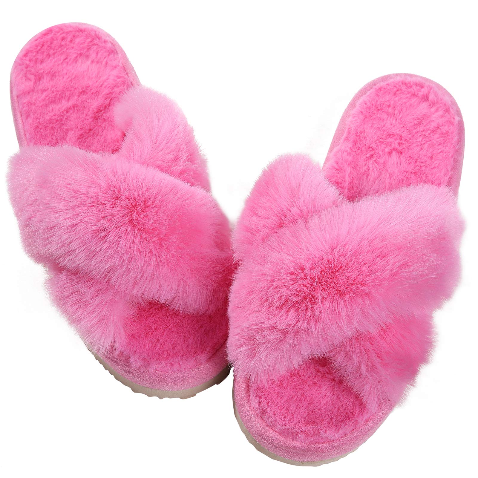 Comwarm Women's Fuzzy Cross Band Slippers - Soft Plush Open Toe House Shoes for Indoor & Outdoor Use - Cozy Bedroom Slides for Relaxing at Home, Lounging & Quick Errands