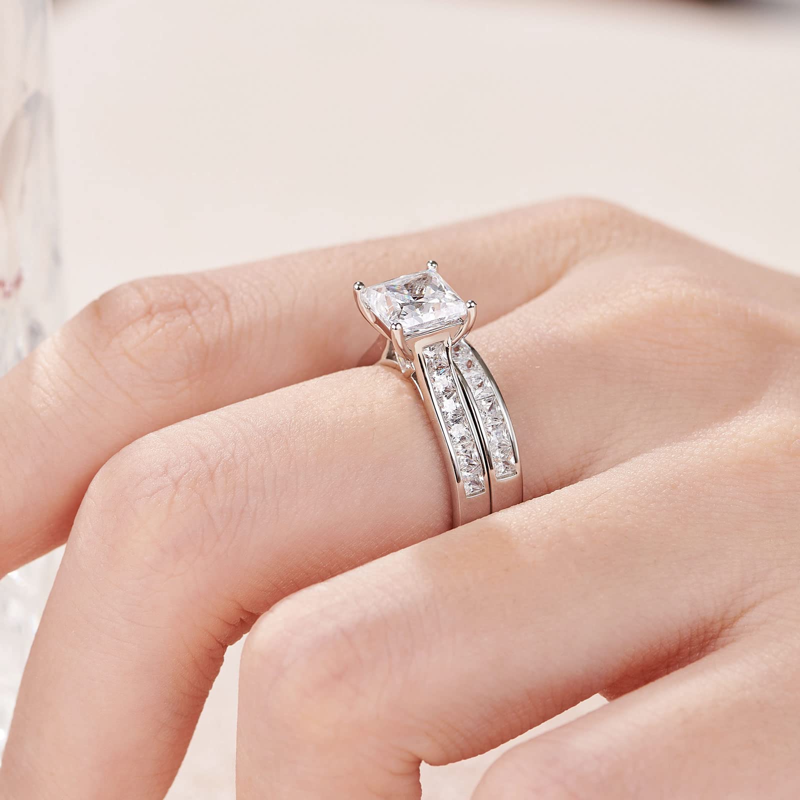 SHELOVES Princess Cut Cubic Zirconia Wedding Ring Set - Sterling Silver Engagement & Bridal Rings (Size 4.5-13) - Perfect for Proposals, Anniversaries & Romantic Occasions