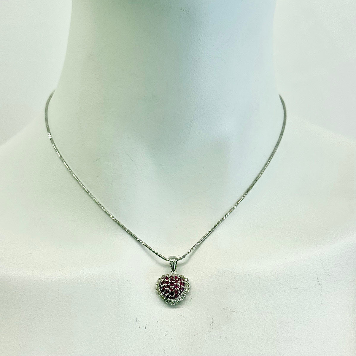 18K White Gold Chain Necklace with 14K Heart Pendant & Genuine Rubies - Elegant Jewelry Gift for Women, Perfect for Valentine's Day, Anniversary & Special Occasions