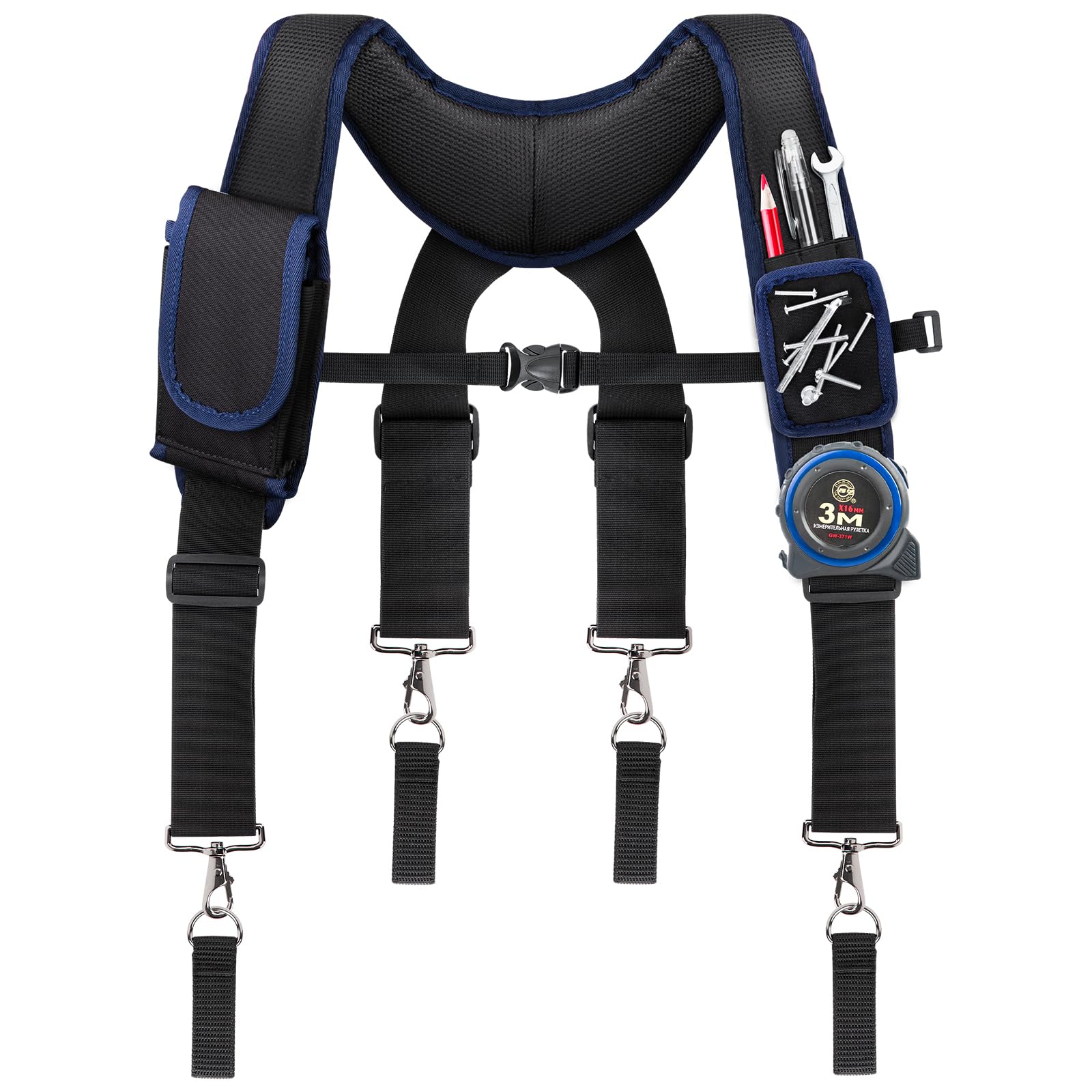Adjustable Padded Tool Belt Suspenders for Men - Heavy Duty Carpenter Work Belt with Magnetic Wristband & Multi-Pocket Design for Construction Workers (Black) | Perfect for DIY Projects, Home Renovation & Professional Job Sites