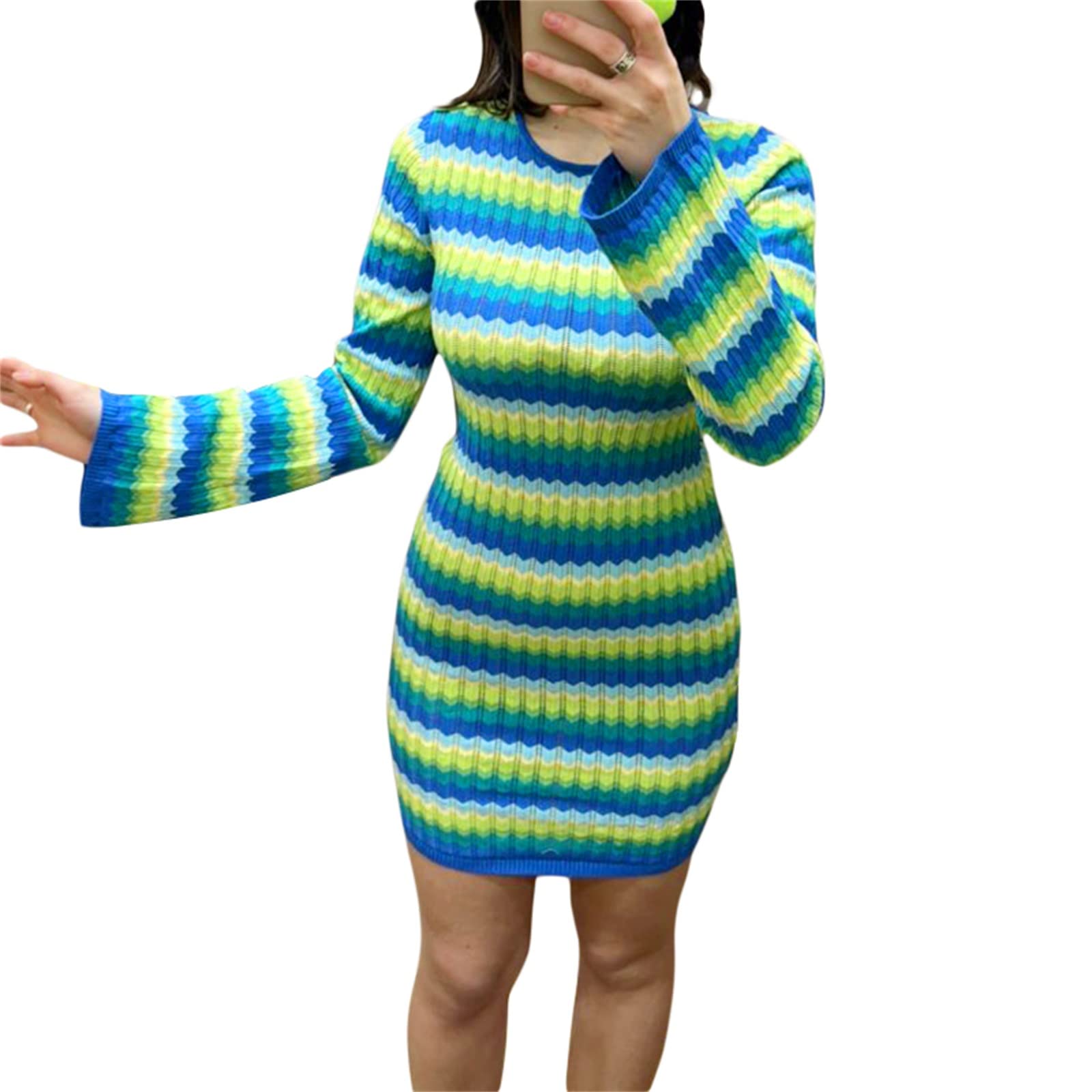 Women's Summer Crochet Knitted Beach Dress - Low Backless Long Sleeve Round Neck Striped Sweater Dress for Streetwear | Perfect for Beach Vacations, Date Nights & Summer Outings