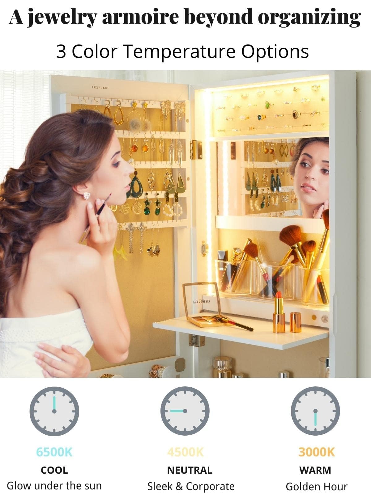 White Jewelry Armoire with Mirror & Lights - Wall Mounted Storage for Makeup & Jewelry