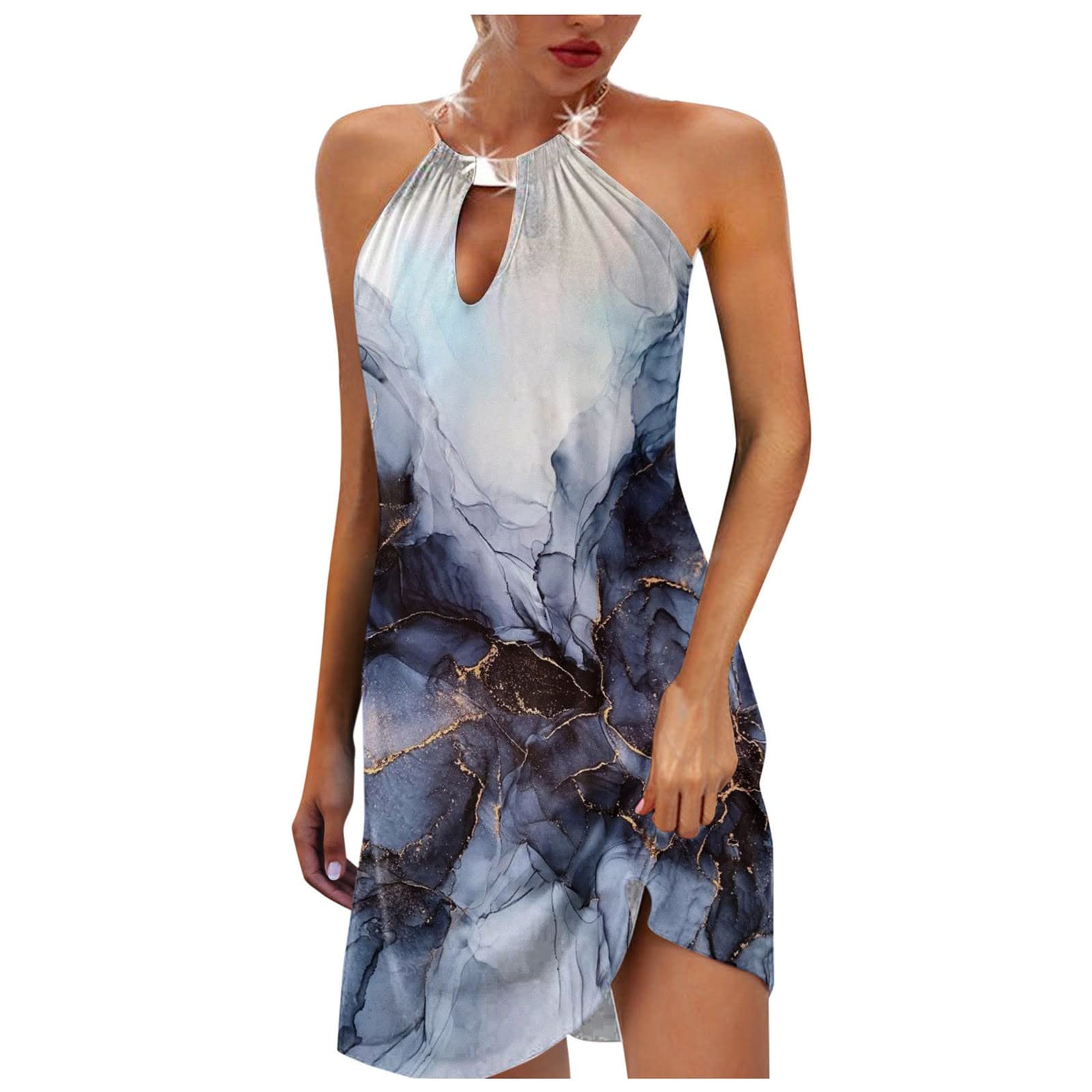 BOXIACEY Women's Summer Sleeveless V-Neck Halter Printed Dress - Casual Cocktail Party Prom Dress for Outdoor Events & Beach Vacations 2022
