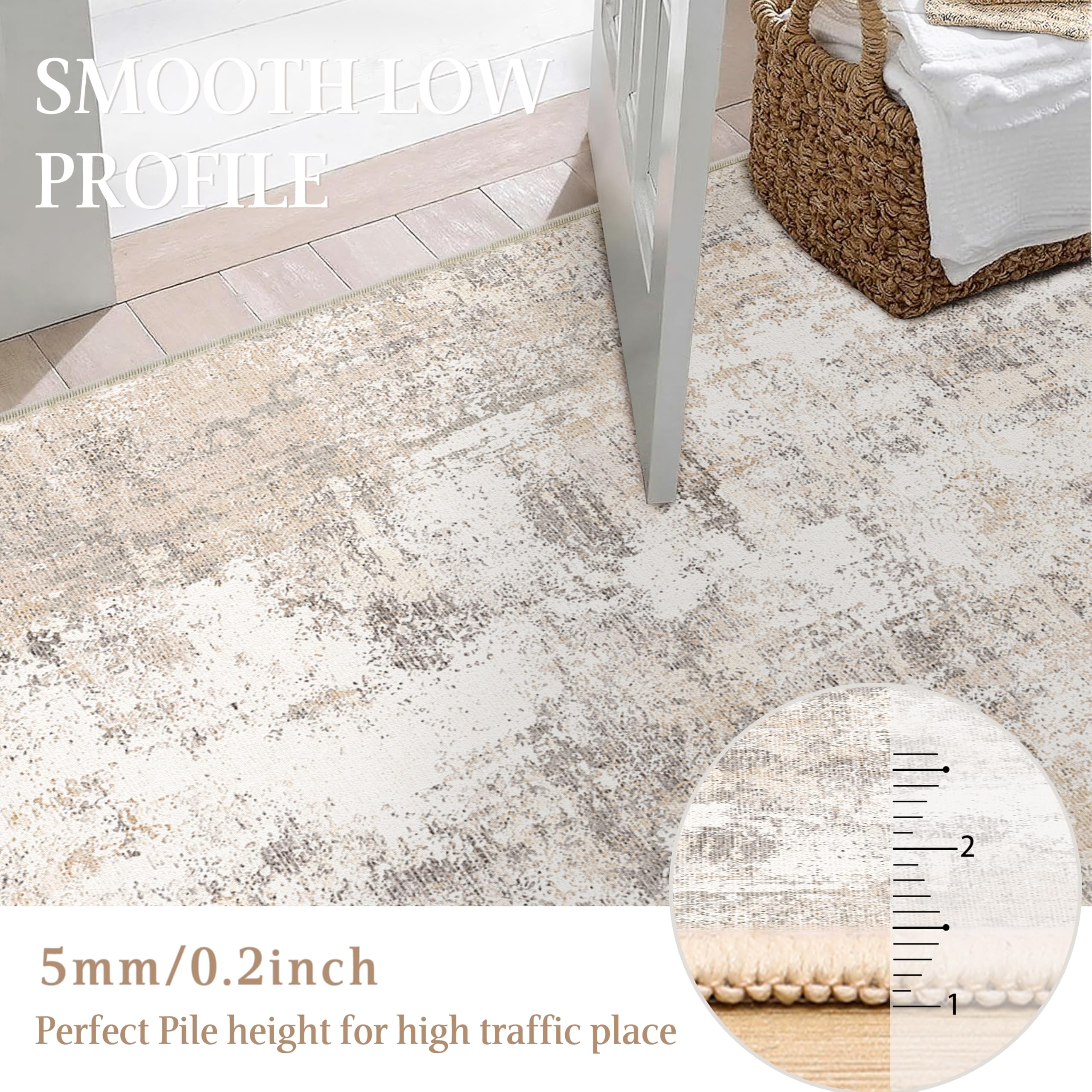 2x8 Washable Runner Rug - Beige Grey Neutral Abstract Non-Slip Low Pile Indoor Carpet for Hallway, Kitchen, Living Room, Bedroom | Soft & Durable for Entrance, Laundry, Bathroom & High Traffic Areas