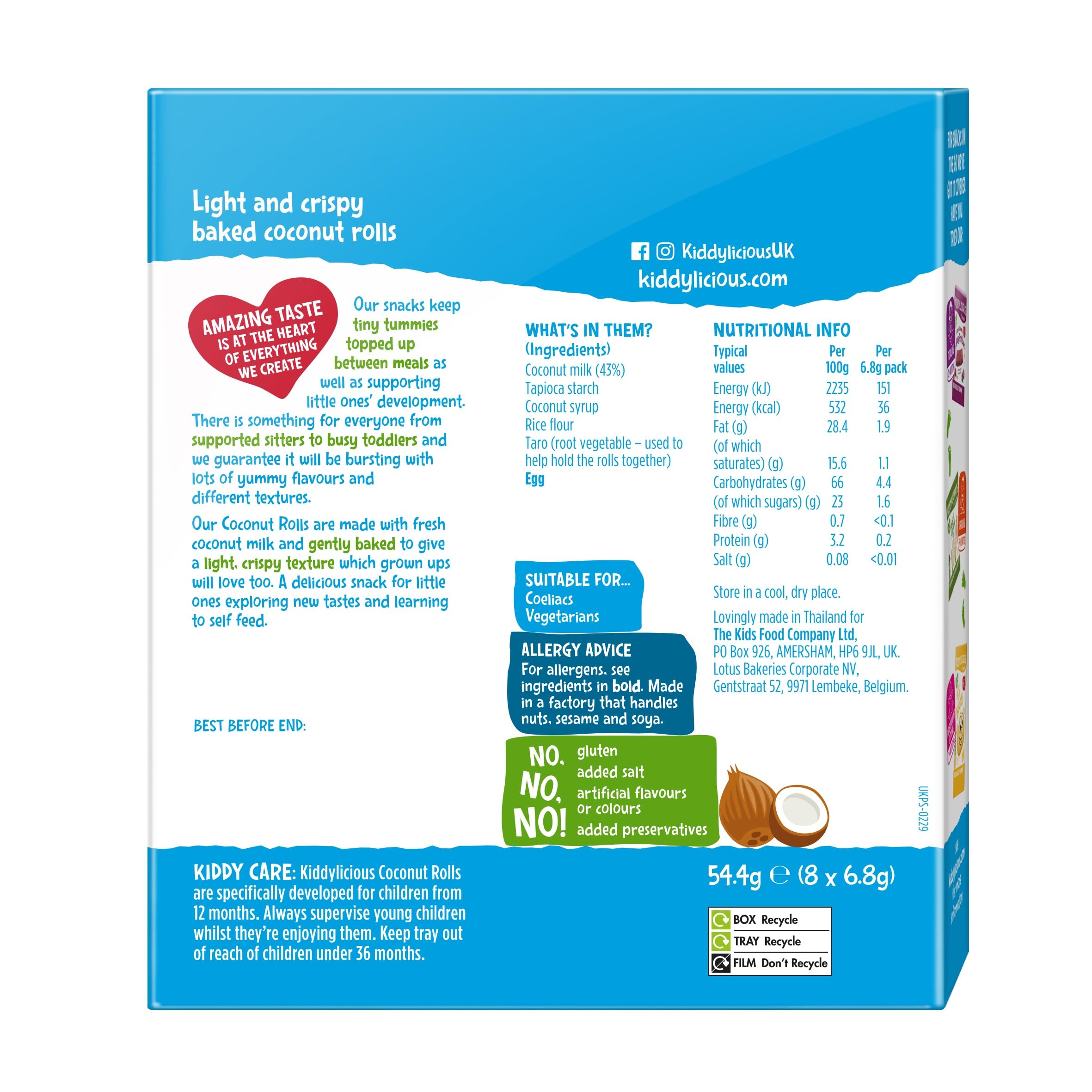 Kiddylicious Coconut Rolls - Healthy Kids Snacks for Toddlers 12+ Months - Gluten-Free & Organic - 8 Packs of 5 (40 Total) - Perfect for School Lunch, Travel & On-the-Go Snacking