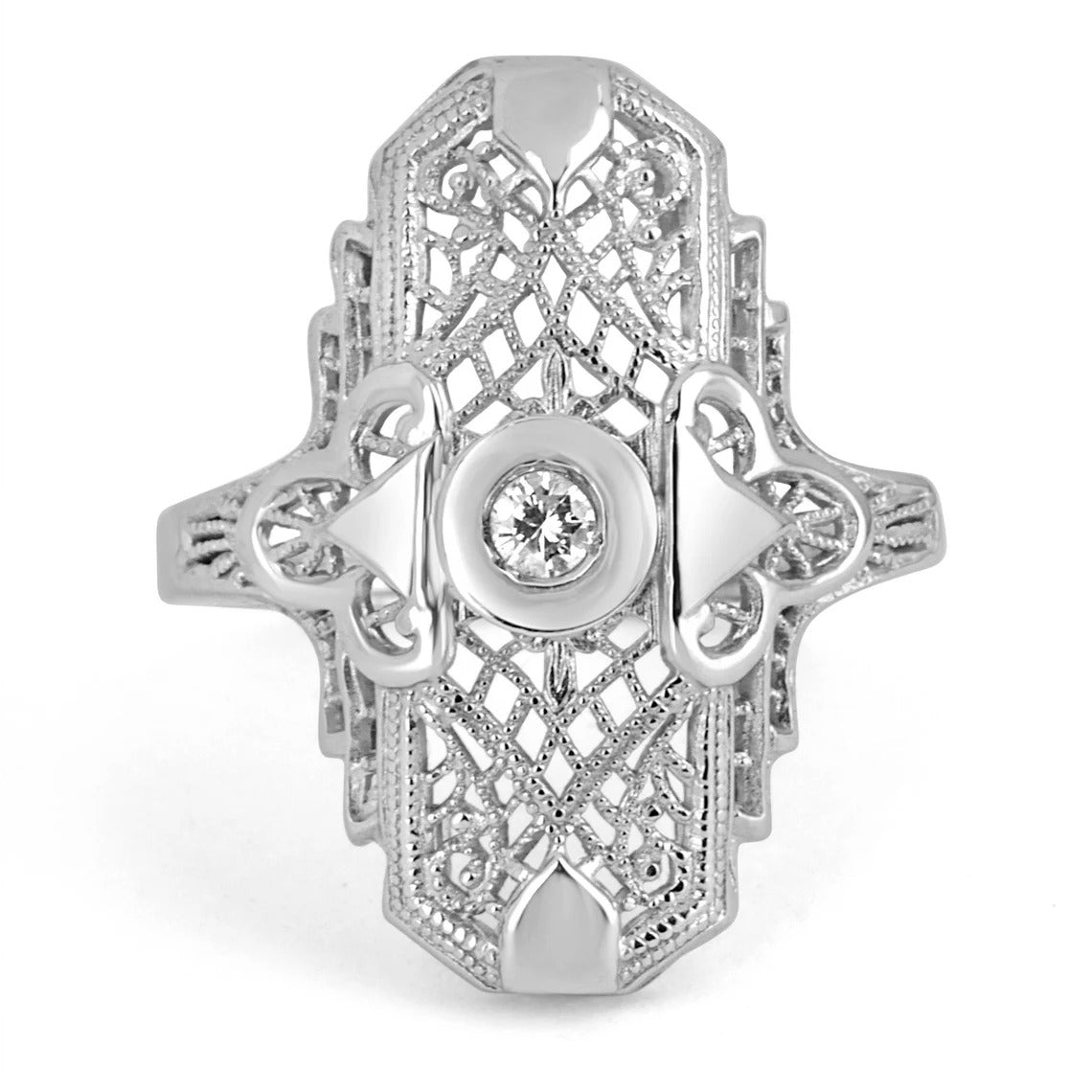 Vintage Art Deco 0.20ct Diamond Cocktail Ring in 14K Gold with Filigree & Milgrain Detailing - Perfect for Weddings, Anniversaries & Special Occasions