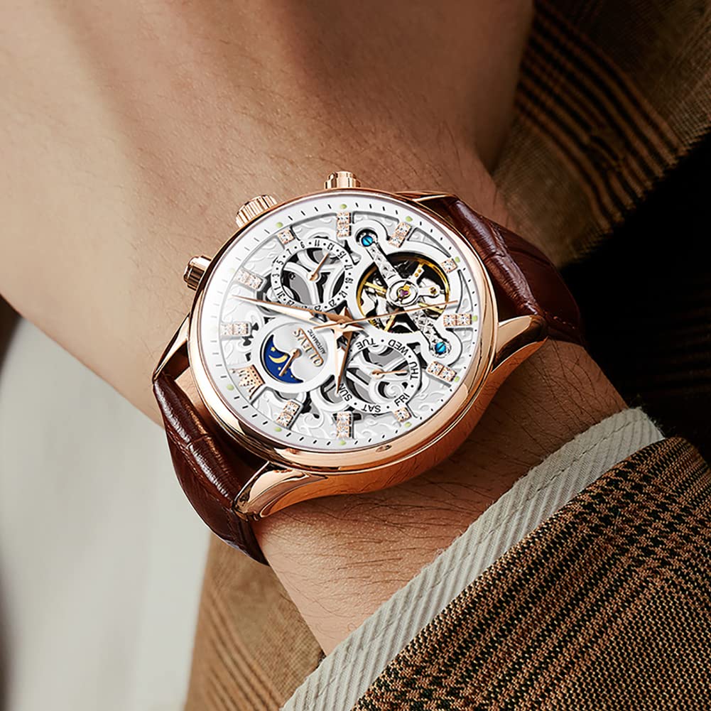 OLEVS Men's Automatic Skeleton Watch - Mechanical Dress & Casual Wristwatch with Moon Phase, Luminous Hands, Waterproof, Brown/Black Leather Strap - Perfect for Business, Formal Events & Everyday Wear