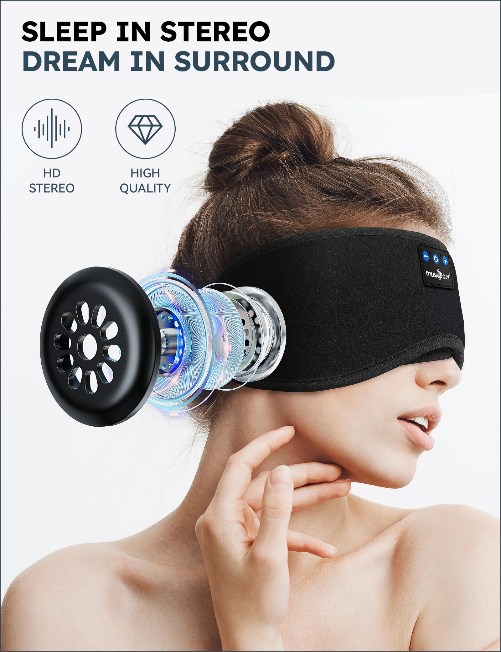 MusiCozy Bluetooth 5.4 Sleep Headband with Built-in HD Stereo Speakers - Ice Silk Sleep Mask & Wireless Headphones for Men & Women - Perfect for Travel, Meditation, and Nighttime Relaxation