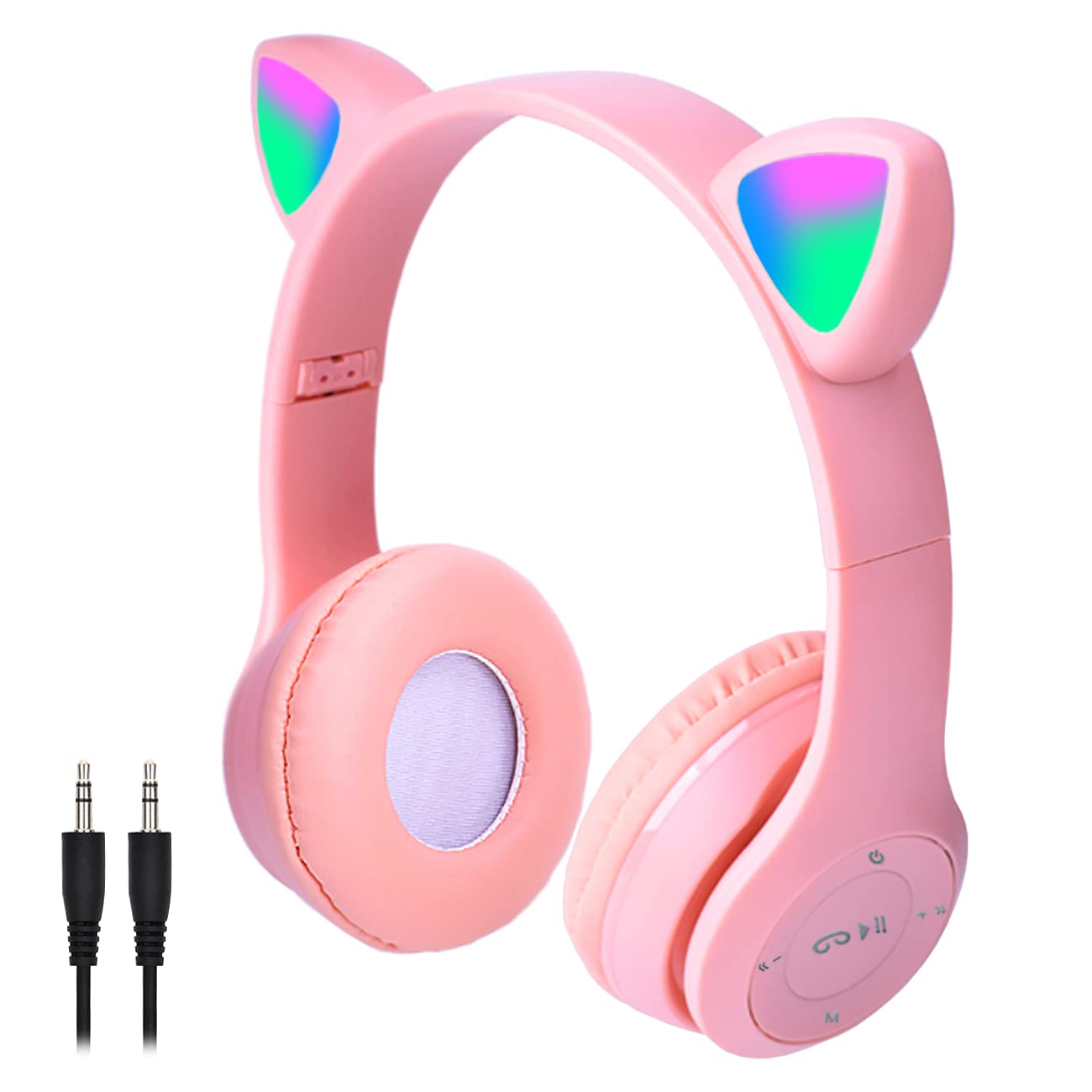 Wireless Cat Ear Headphones for Kids with LED Lights - Pink Foldable Over-Ear Headset with 3.5mm Jack & TF Card Support (3-in-1) - Perfect for School, iPad, Tablet, Travel & Home Use