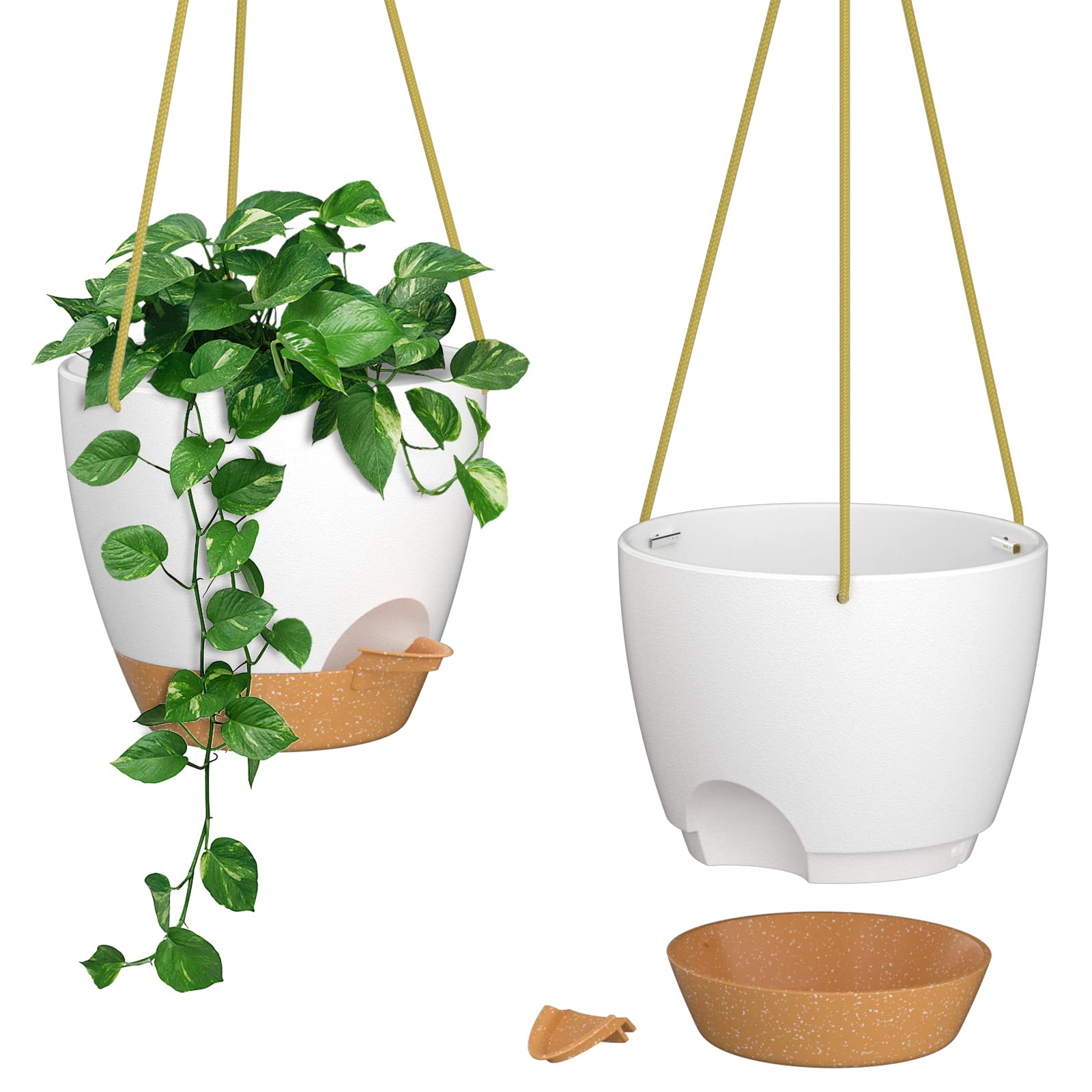 ZMTECH 8 Inch Self Watering Hanging Planters - 2 Pack Indoor Outdoor Plastic Flower Pots with Drainage Holes & Removable Saucer - Perfect for Balcony, Patio, Garden Decor (White)