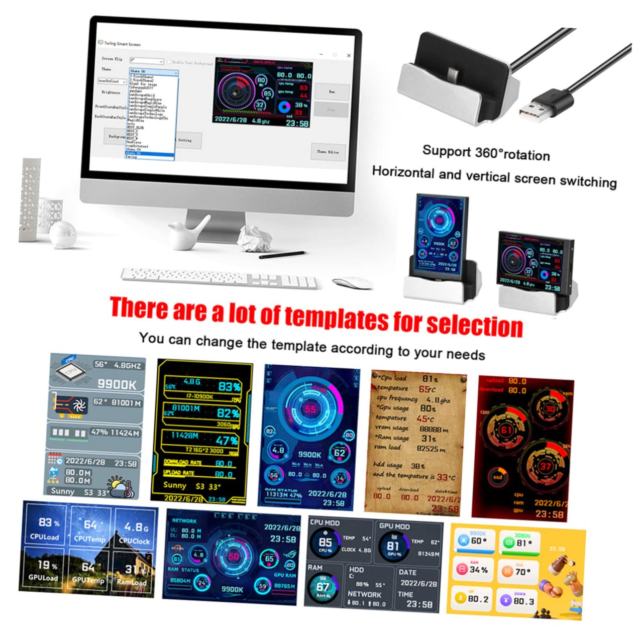CIYODO Mini Secondary Screen for PC - Computer Case Monitor Display CPU GPU Temp HDD Data Network Usage - Perfect for Gaming Rigs, Workstations & Home Office Setups