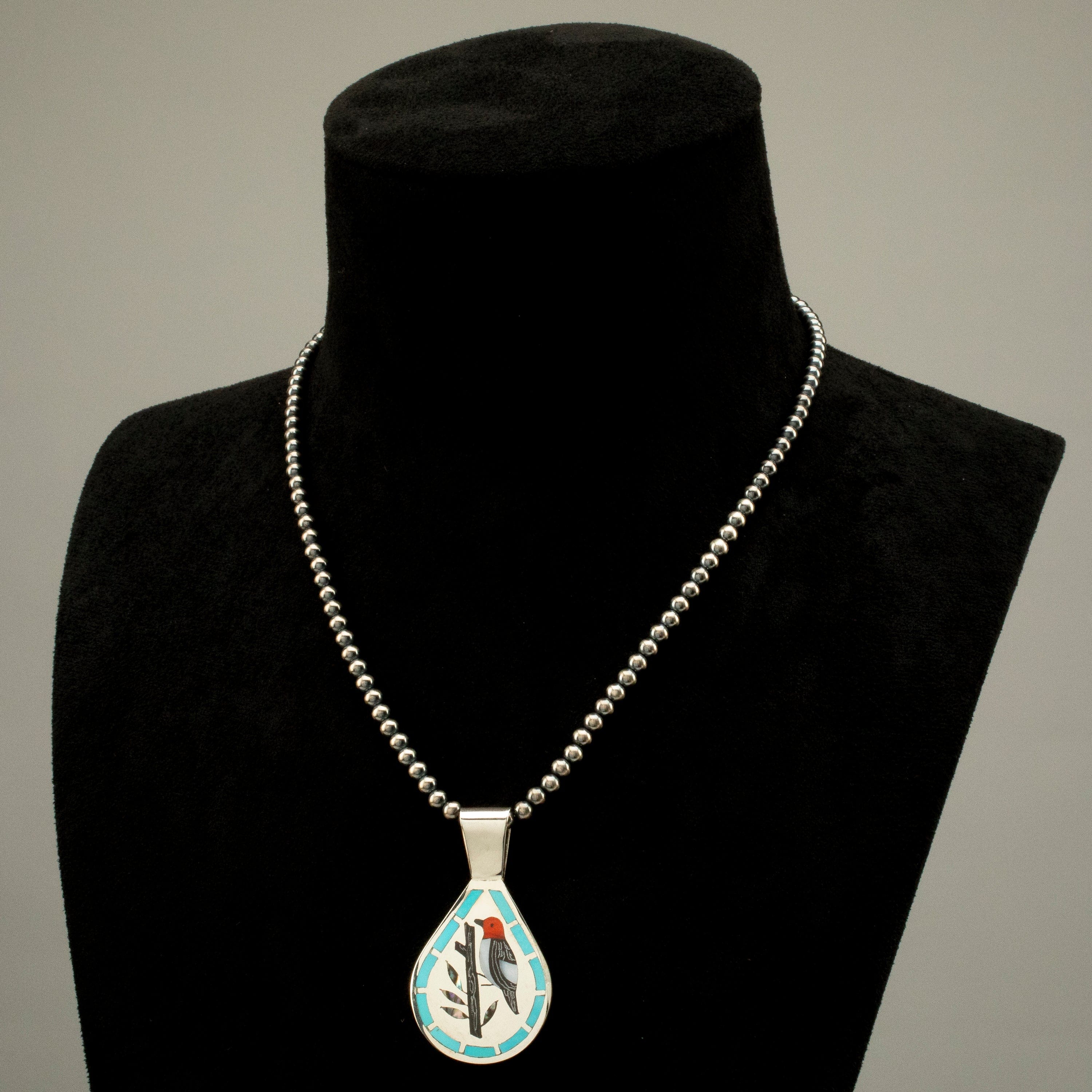 Authentic Native American 925 Sterling Silver Zuni Inlay Pendant - 18 Dennis & Nancy Edaakie Multi-Gem Woodpecker Design with 4mm Navajo Pearl Necklace | Handcrafted Jewelry for Gifts, Weddings & Cultural Fashion