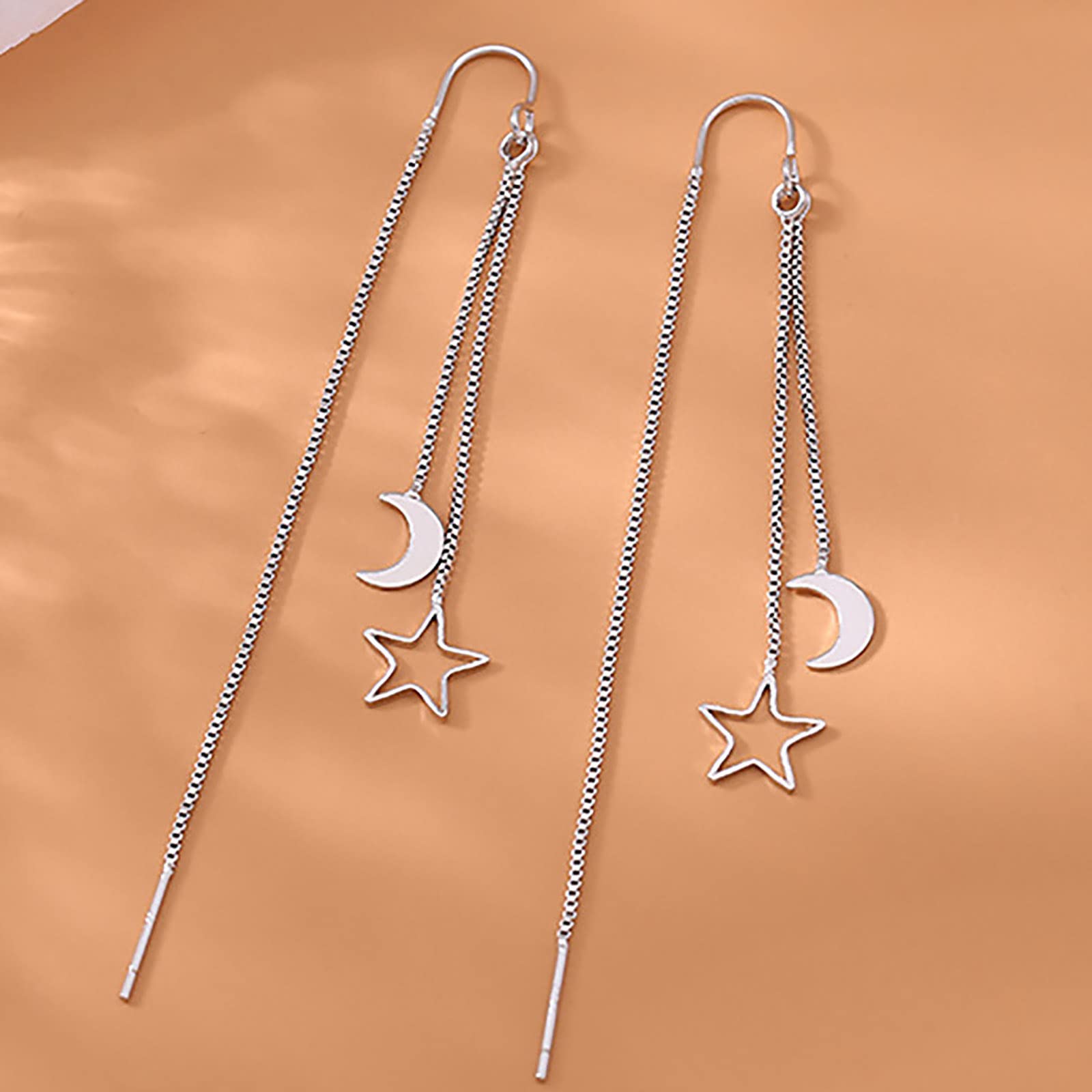Atentuyi Silver Moon & Star Threader Earrings - Long Chain Drop Dangle Earrings with Tassel for Women & Girls | Perfect for Boho, Festival, and Everyday Wear