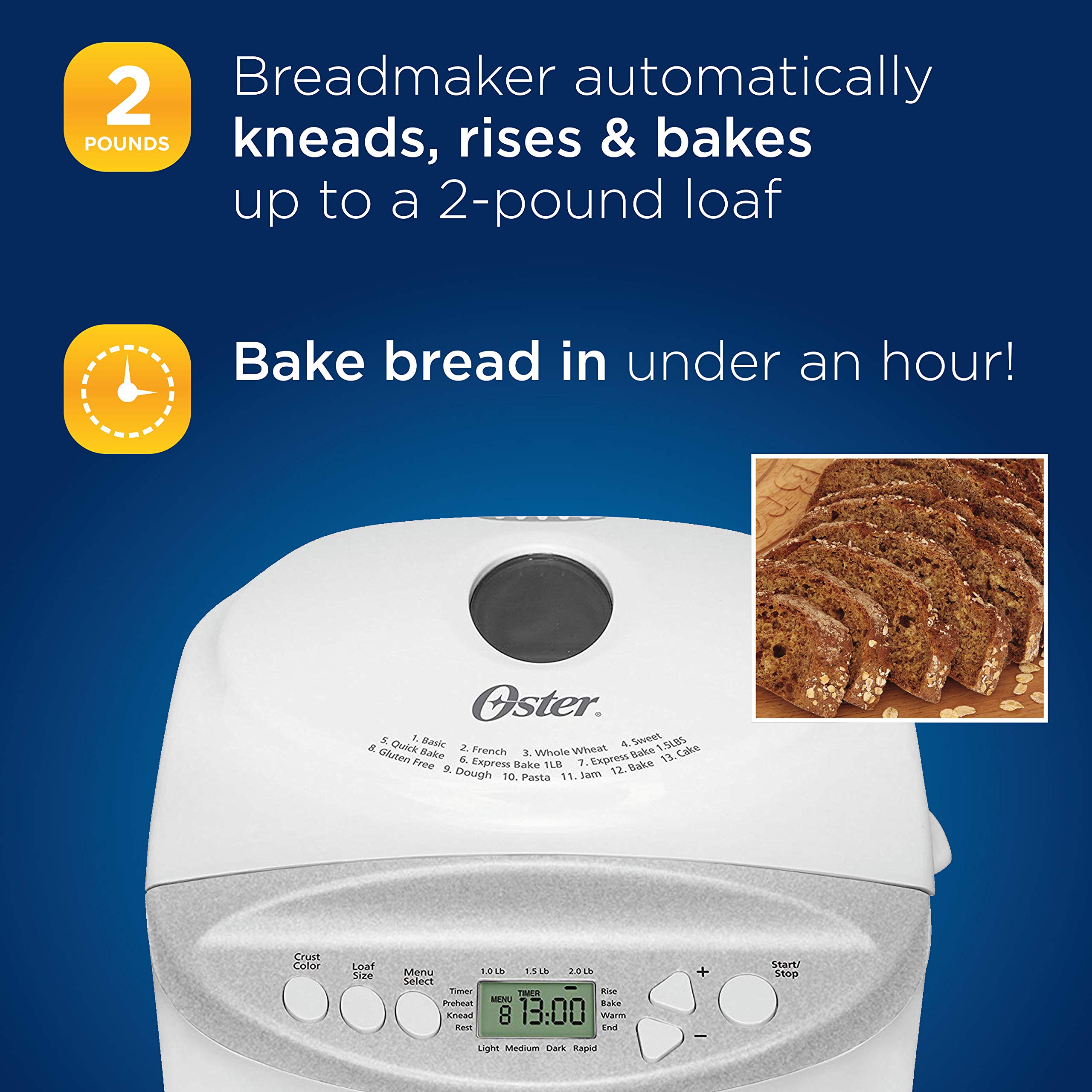 Oster Expressbake 2-Pound Bread Maker with Gluten-Free Setting - White (CKSTBR9050-NP) | Perfect for Homemade Bread, Artisan Loaves & Gluten-Free Baking