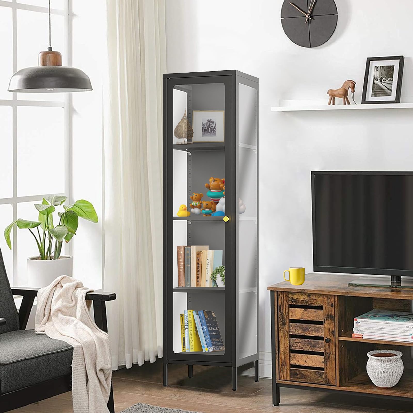 Glass Display Cabinet with 4 Adjustable Shelves - Curio Cabinet with Glass Doors for Home, Office, Clinic or Pantry - Easy Assembly Required (Black) - Perfect for Showcasing Collectibles, China, Books or Retail Merchandise