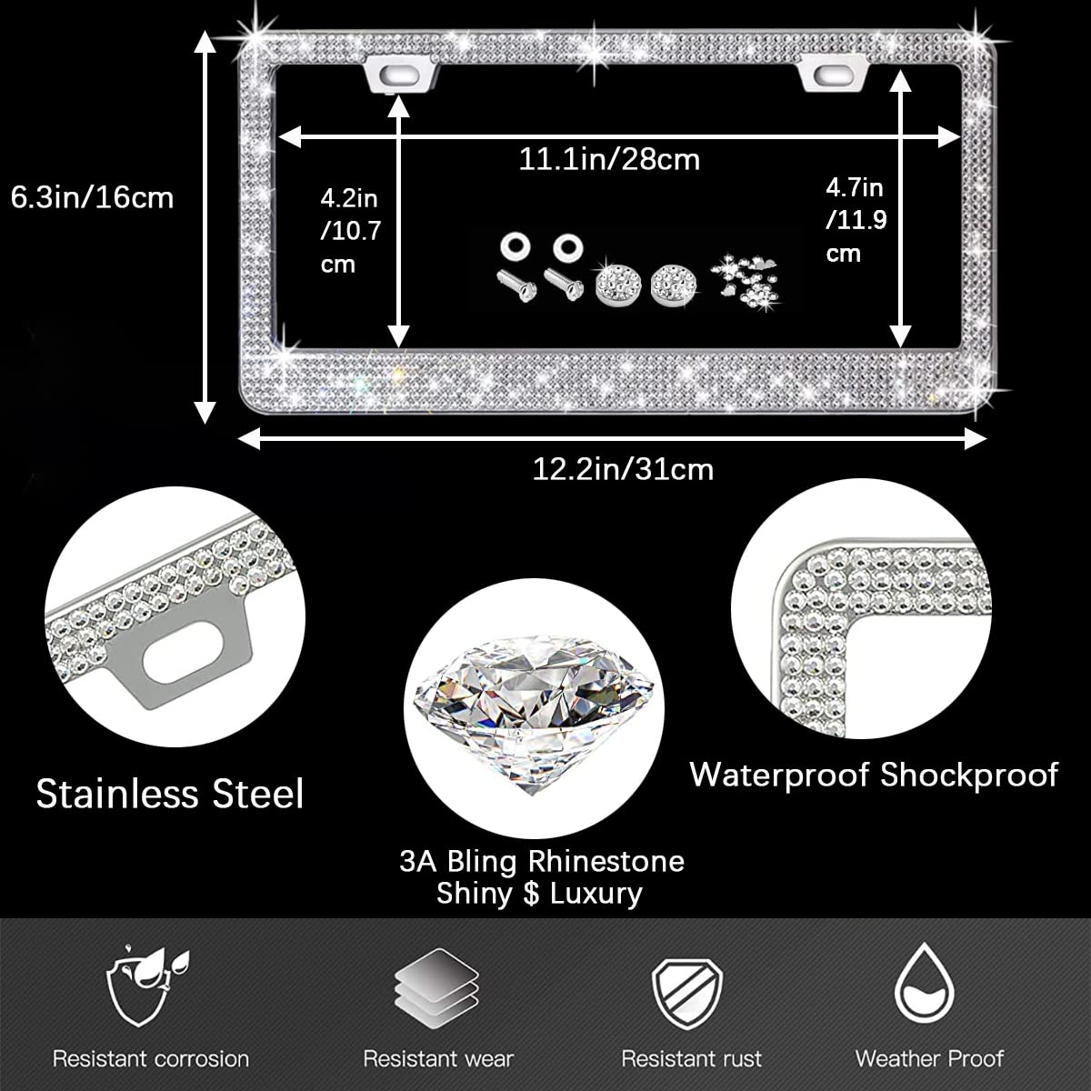 28-Piece Rhinestone Car Accessories Kit with 2 Bling License Plate Frames & 15
