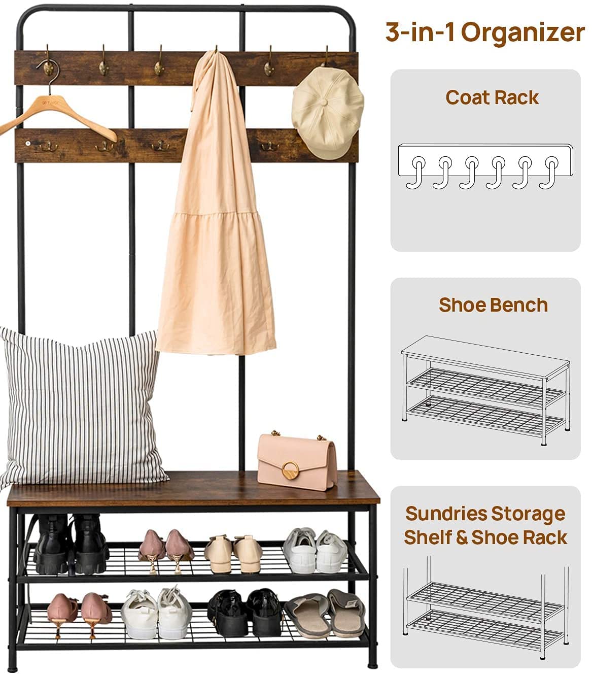 QCen 72 Inch Industrial Hall Tree Entryway Bench with Coat Rack & Shoe Storage - Wood Look Accent Furniture with 12 Hooks & Metal Frame - Perfect for Mudroom, Foyer & Small Space Organization
