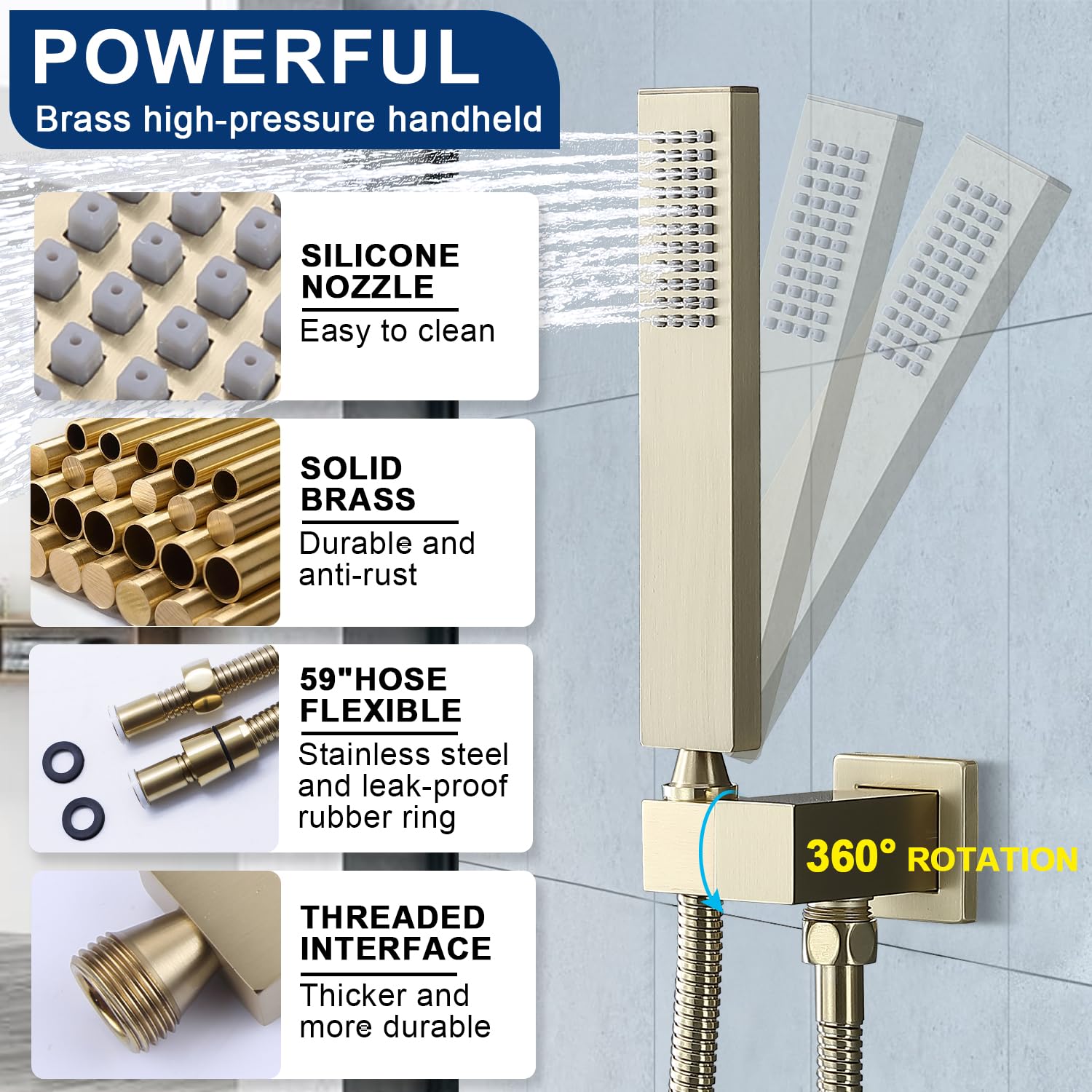 16 Inch High Pressure Ceiling Mount Rain Shower System - Dual Function Overhead Shower Head with Handheld Sprayer, Brushed Gold Shower Faucet Set - Perfect for Luxurious Spa-Like Bathroom Experience