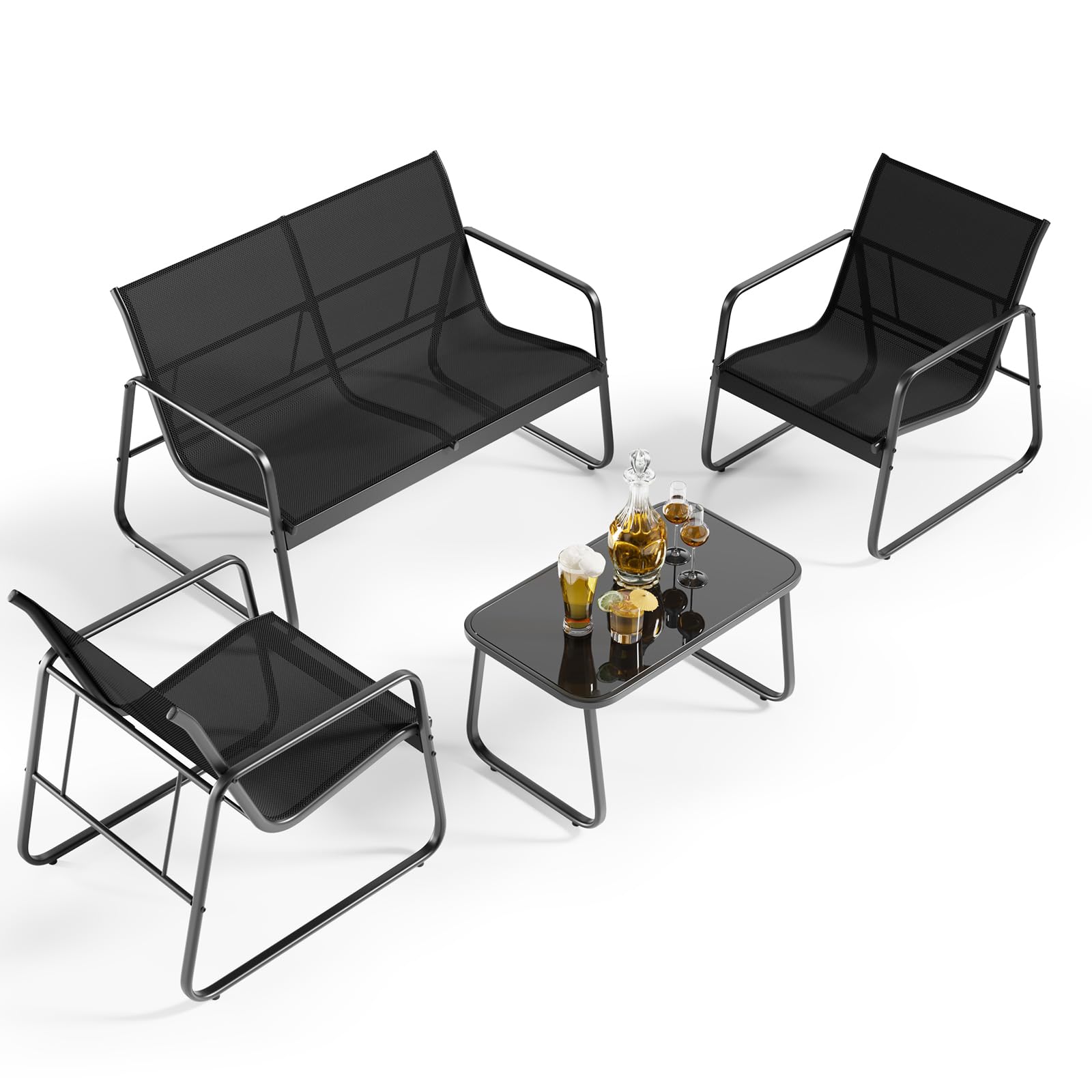 Gizoon 4-Piece Outdoor Patio Furniture Set - Black Loveseat, 2 Chairs & Bistro Table for Backyard, Balcony, Garden, Lawn - Perfect for Relaxing, Entertaining & Outdoor Dining