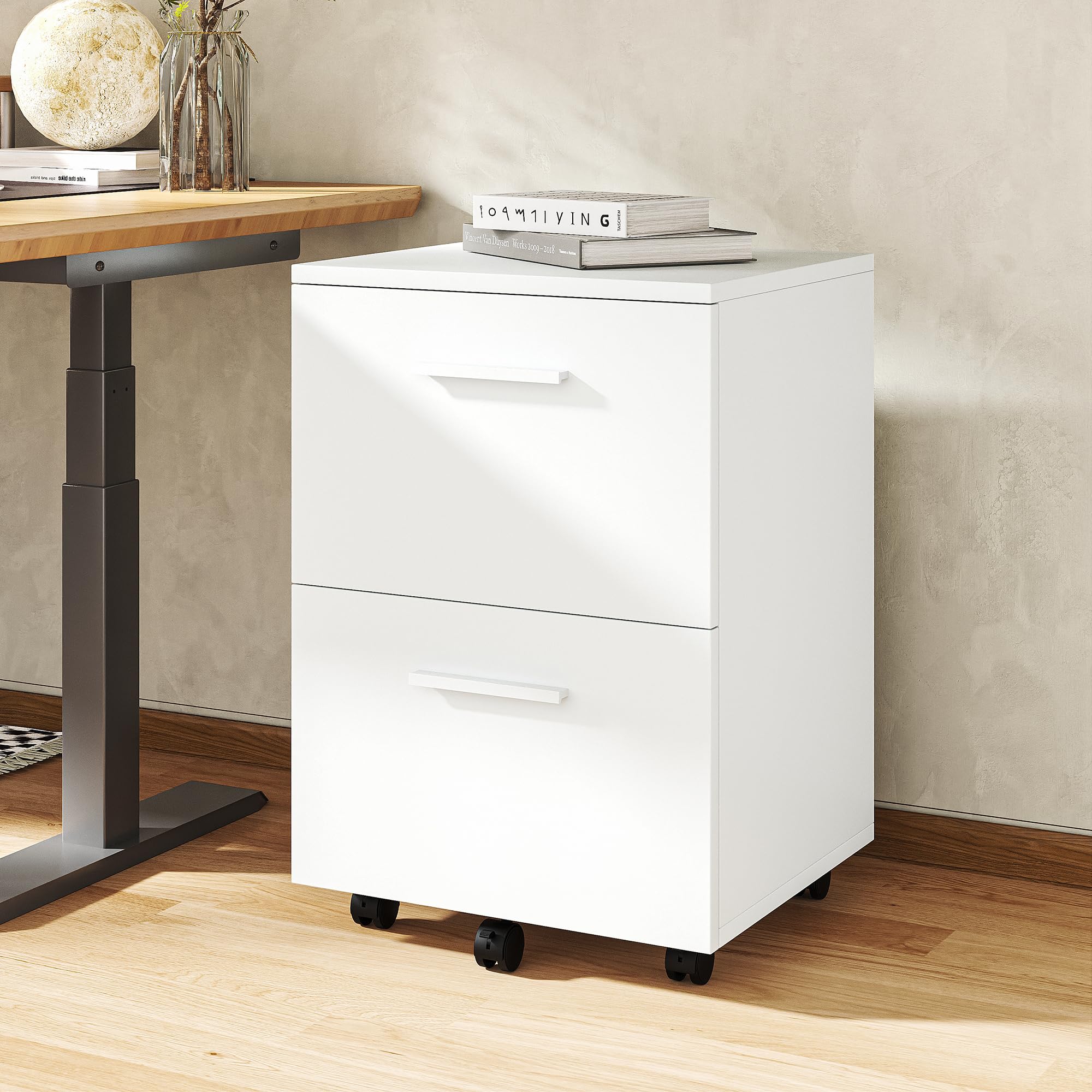 VICLLAX 2-Drawer Rolling File Cabinet with Wheels - White Wooden Mobile Storage Organizer for Home Office, Under Desk Filing Cabinet - Perfect for Document Storage & Workspace Organization