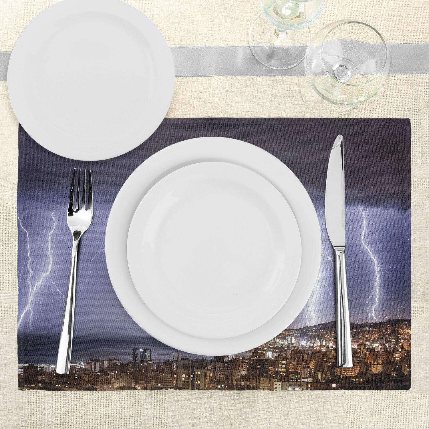 Ambesonne 4-Piece Nature Placemats Set - Majestic Coastal Town View with Dark Stormy Night & Giant Rain Cloud Design - Washable Fabric Table Mats for Dining Room & Kitchen Decor - Perfect for Dinner Parties, Holiday Gatherings & Everyday Use
