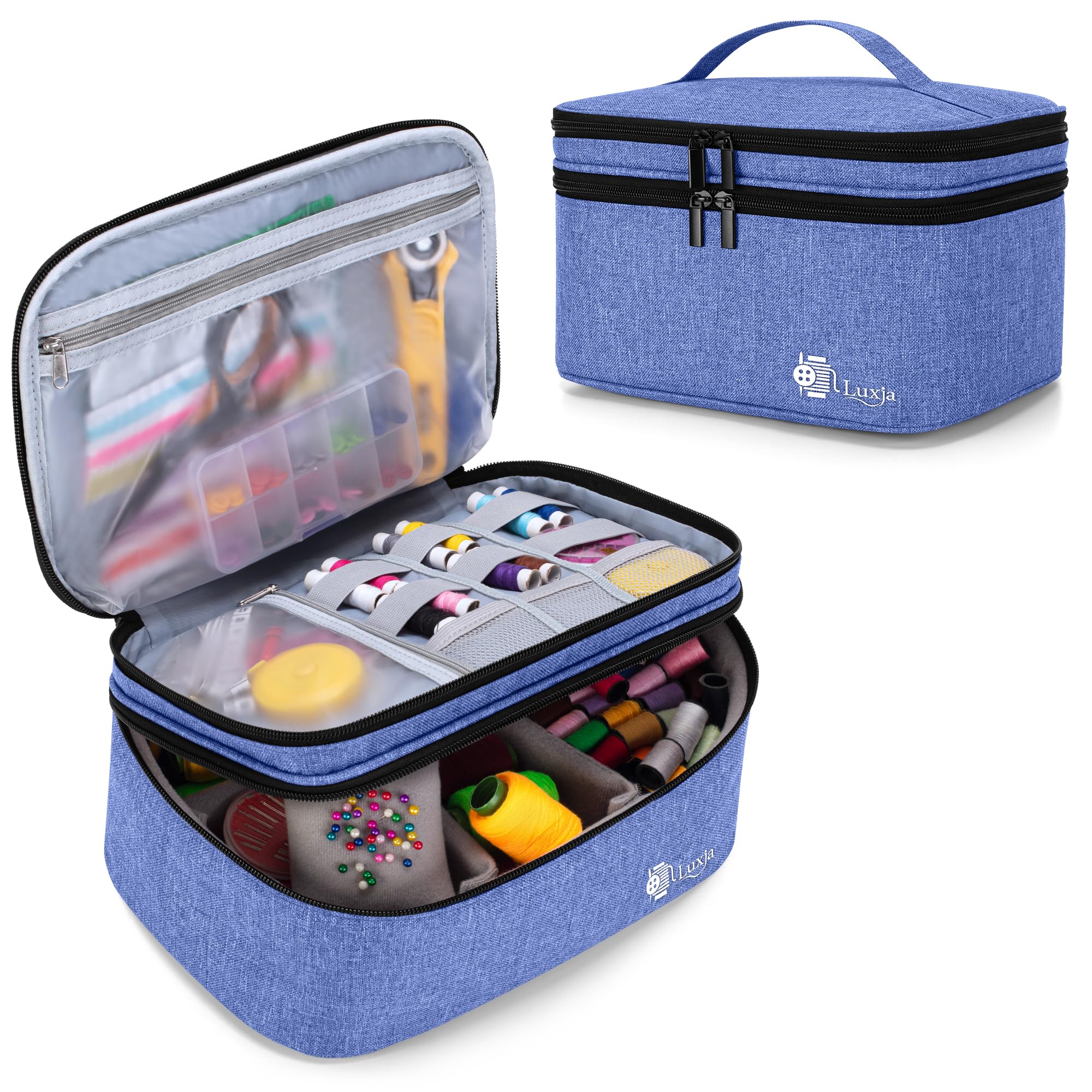 Luxja Double-Layer Sewing Accessories Organizer - Large Dark Blue Storage Case for Needles, Thread, Scissors, Measuring Tape & Sewing Tools | Perfect for Home Sewing, Quilting & Craft Projects