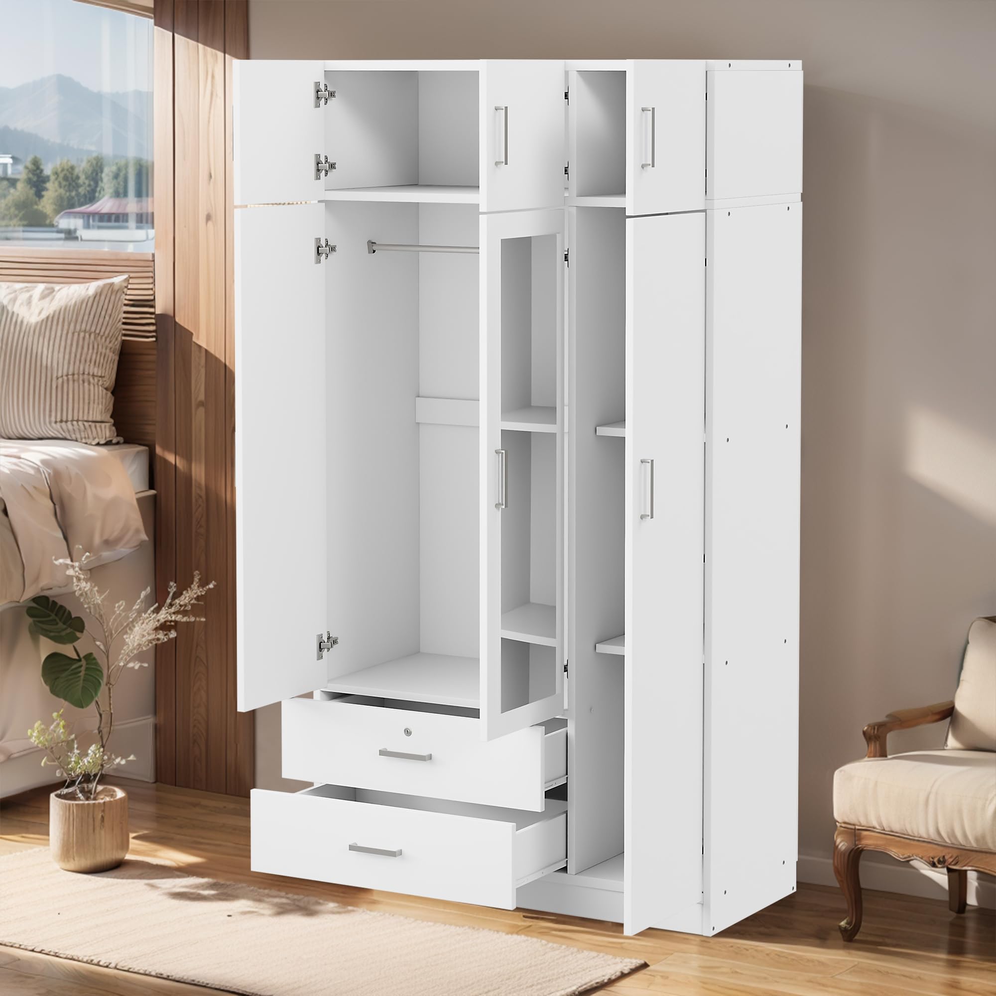 3-Door Freestanding Wardrobe with Mirror, 2 Drawers, 5 Shelves & Hanging Rod - White Storage Cabinet Closet Organizer for Bedroom, Small Spaces (81