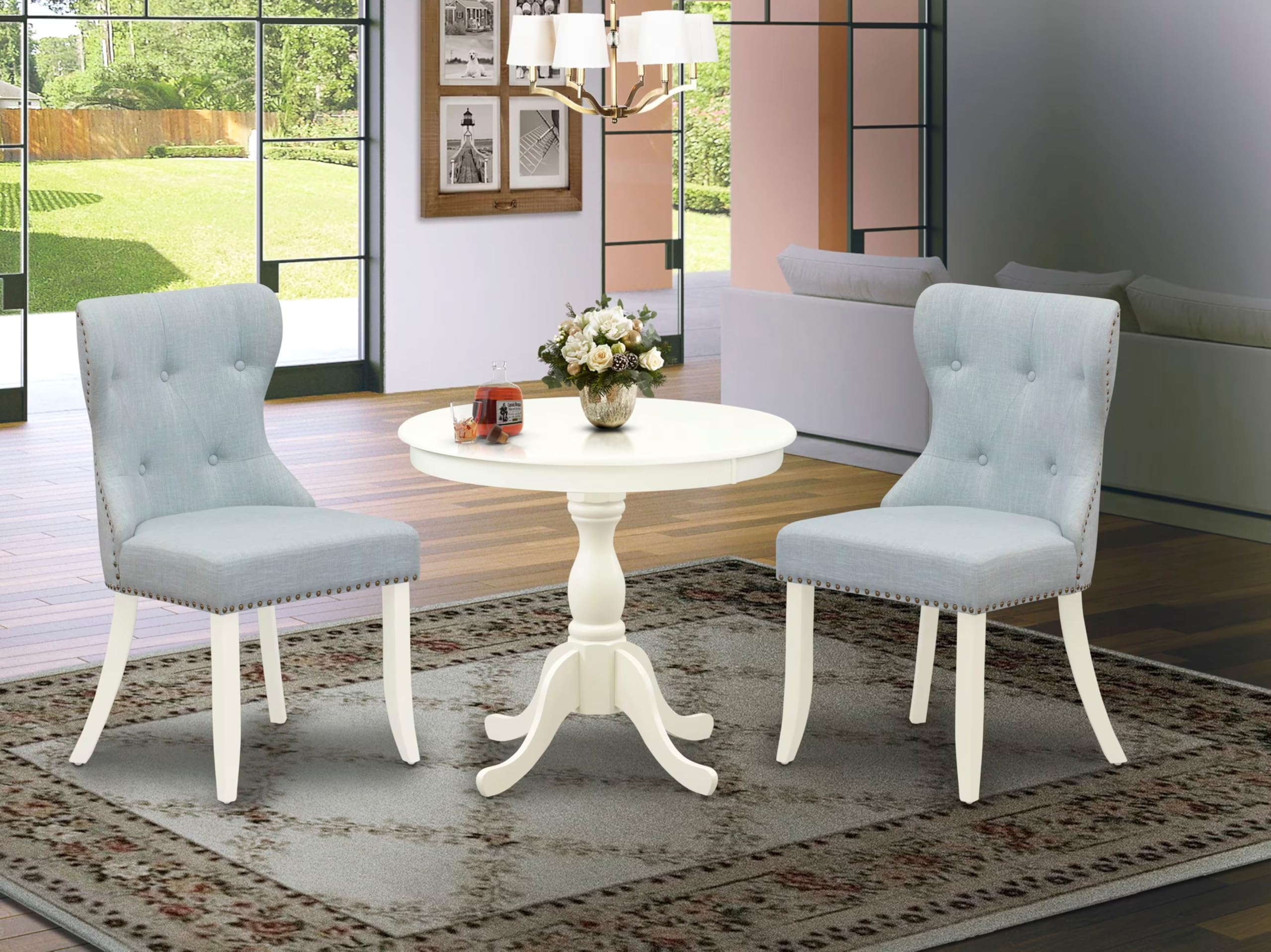 East West Furniture 3-Piece Round Dining Table Set with Pedestal Base & 2 Baby Blue Linen Parsons Chairs - 36x36 Inch Small Space Kitchen Table in Linen White - Perfect for Apartments, Breakfast Nooks & Cozy Dining Areas