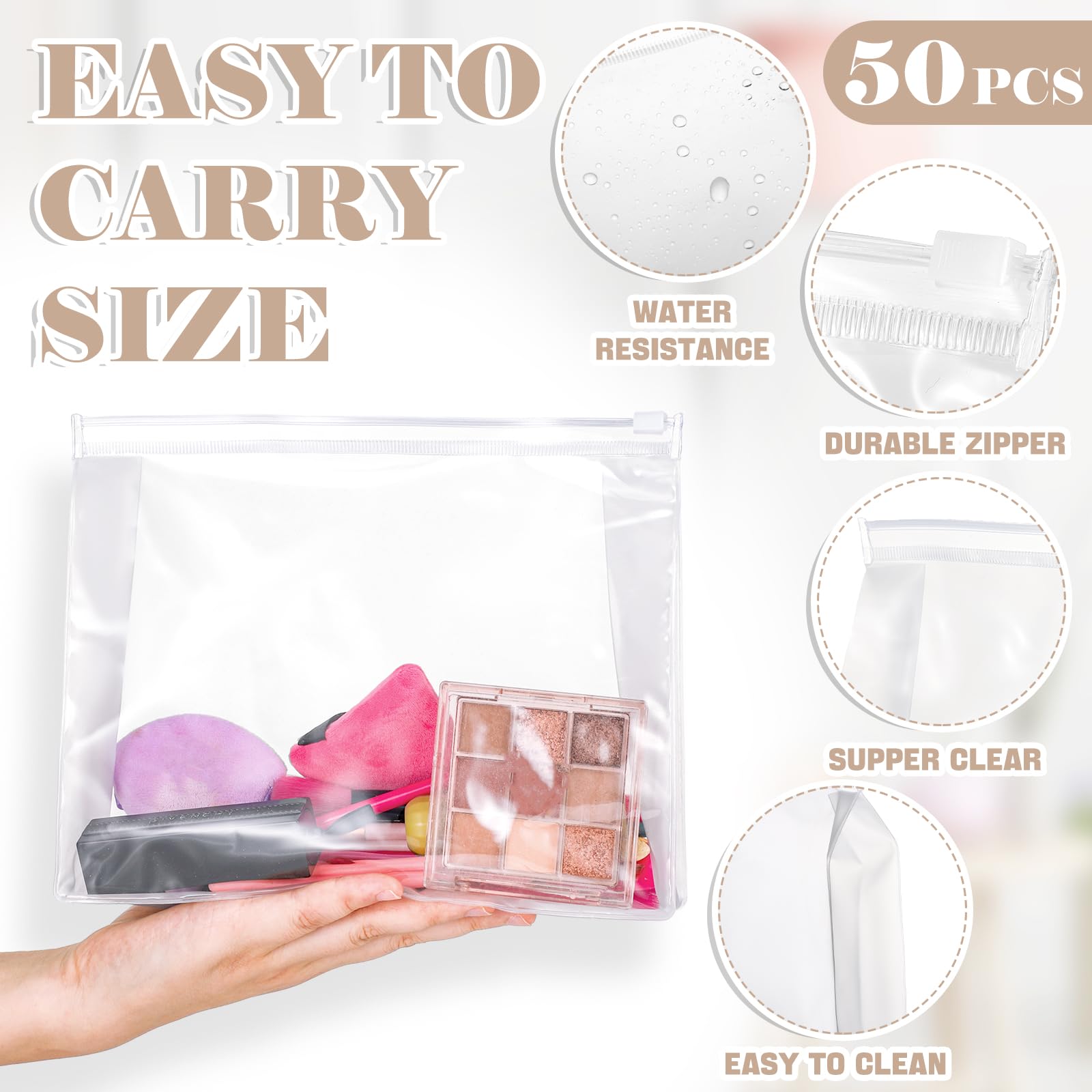 Xuniea 50 Pack Mini Clear Makeup Bags - Small Transparent Zipper Pouches for Travel Toiletries & Cosmetic Organizer - Waterproof Plastic Storage for Women & Men - Perfect for Vacation, Gym, Beach & Daily Use (9.8