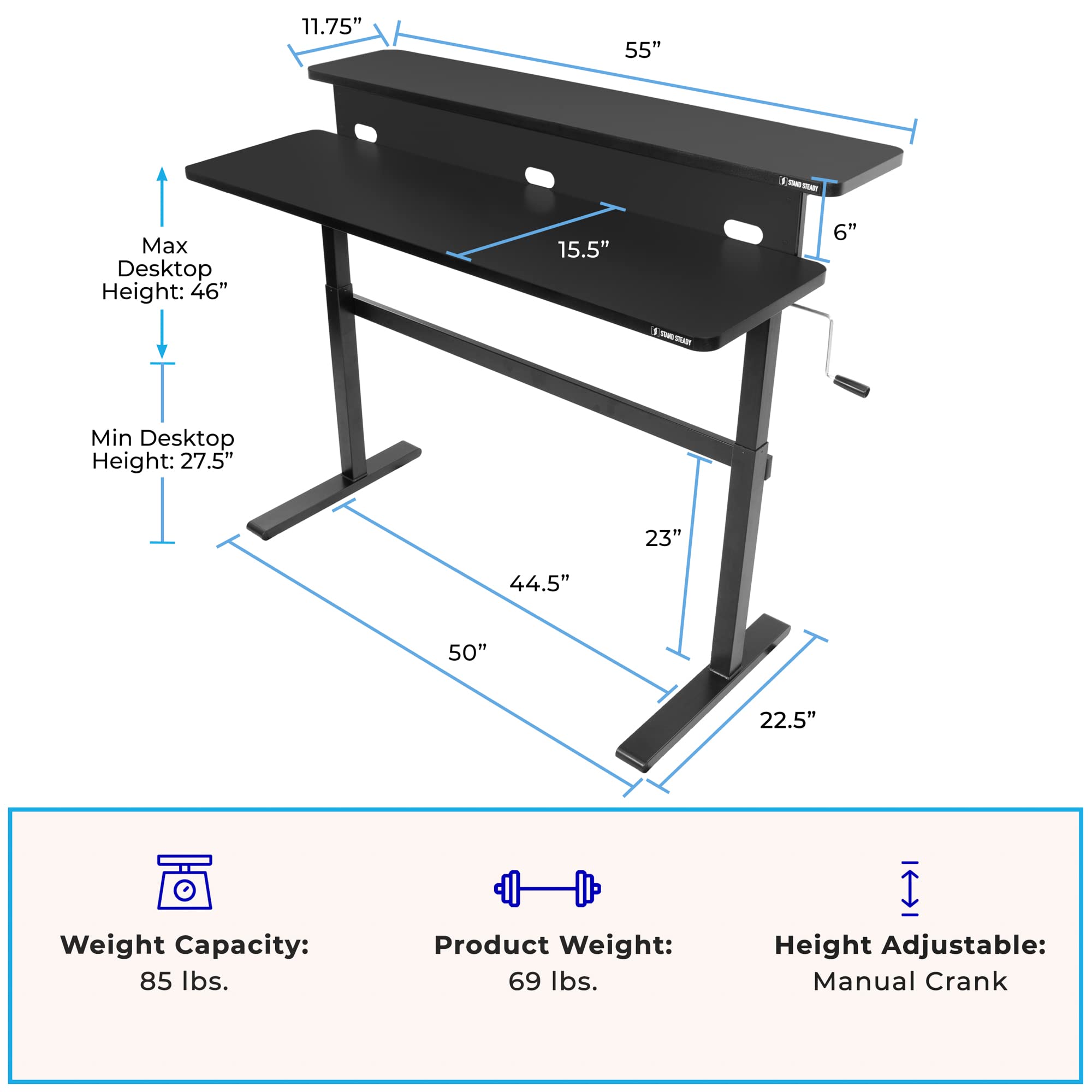 Tranzendesk 55 Inch Dual Level Standing Desk with Shelf - Adjustable Height Crank Sit Stand Workstation for Home & Office | Ergonomic Monitor Riser | Perfect for Remote Work, Gaming & Study (Black, 55in)