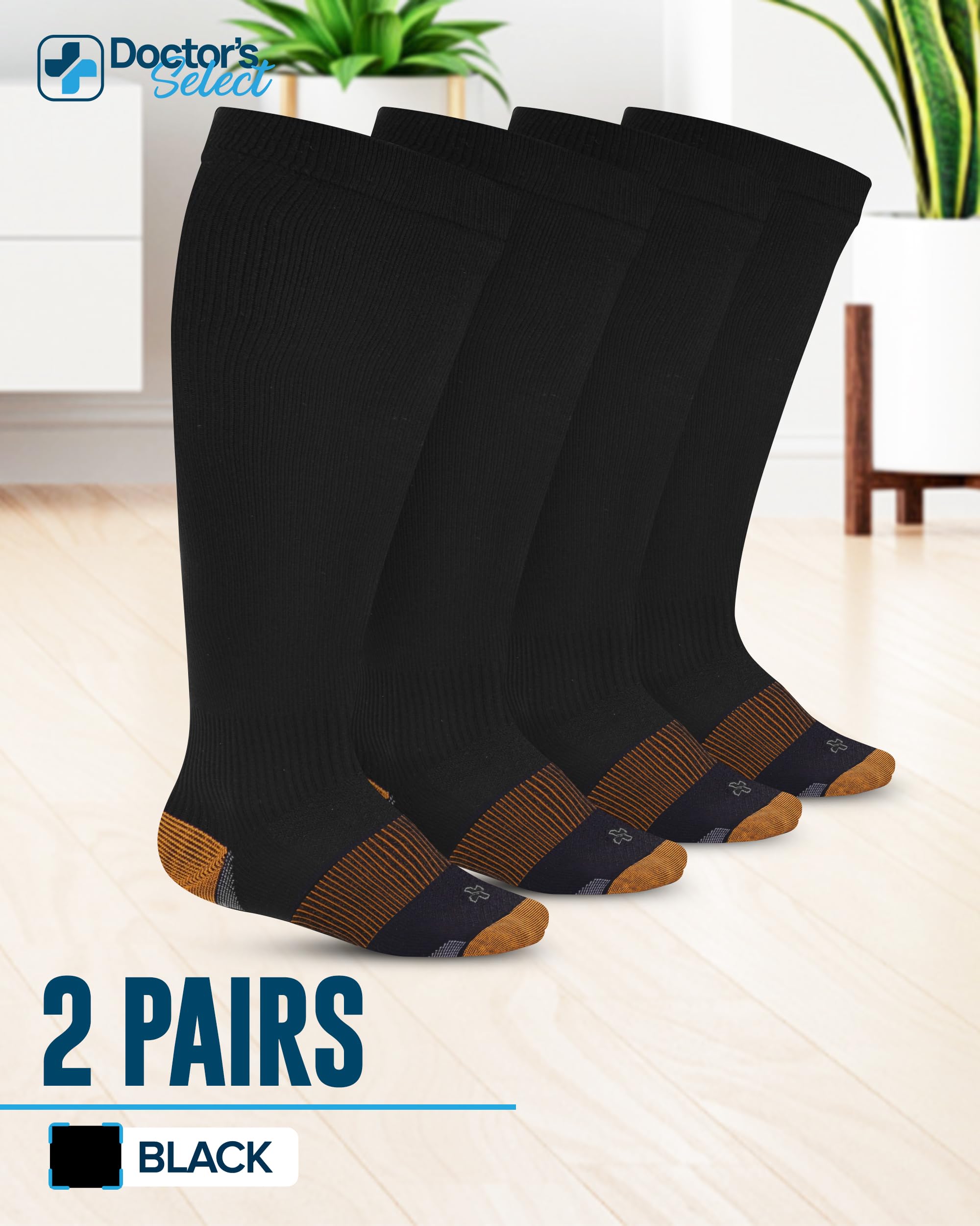 Doctor's Select Copper Plus Size Compression Socks for Women & Men - 2 Pairs (20-30mmHg) | Wide Calf Support for Swelling, Varicose Veins & Circulation | Medical Grade Black Compression Stockings | Perfect for Travel, Nursing, Running & Recovery